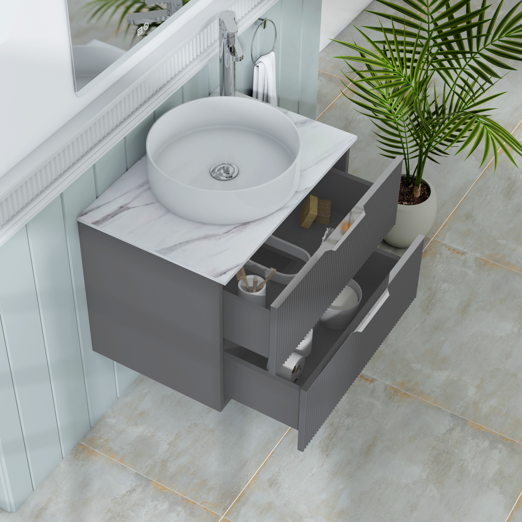 Evora 700mm Graphite Grey Fluted Wall Hung Countertop Vanity Unit 2 Drawer with Art Basin