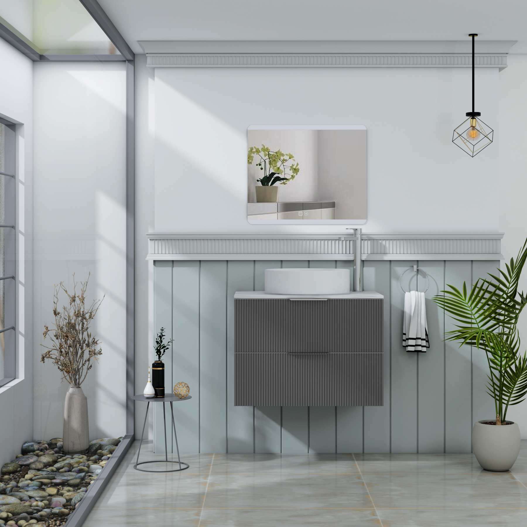 Evora 700mm Graphite Grey Fluted Wall Hung Countertop Vanity Unit 2 Drawer with Art Basin