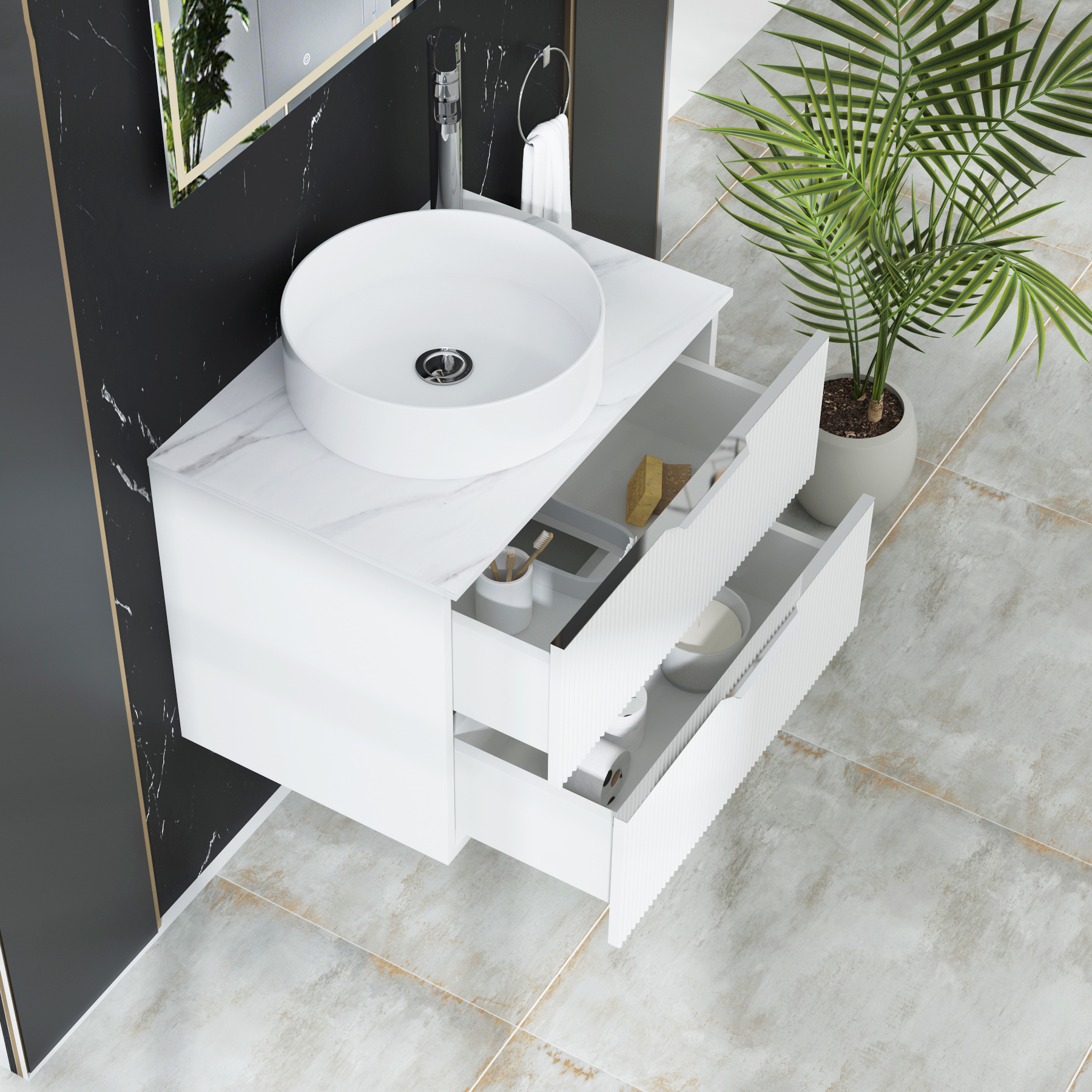 Evora 700mm Matt White Fluted Wall Hung Countertop Vanity Unit 2 Drawer with Art Basin