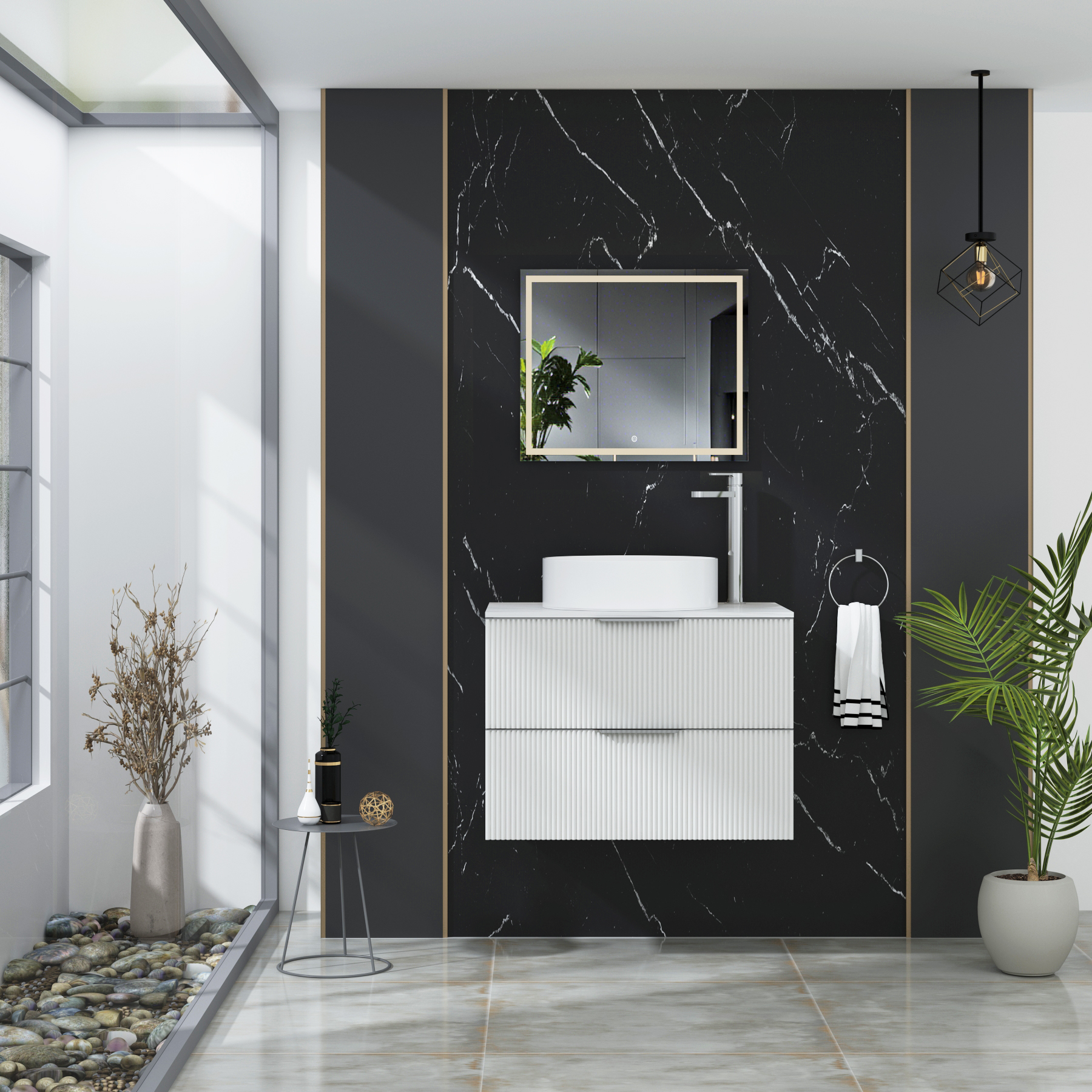 Evora 700mm Matt White Fluted Wall Hung Countertop Vanity Unit 2 Drawer with Art Basin