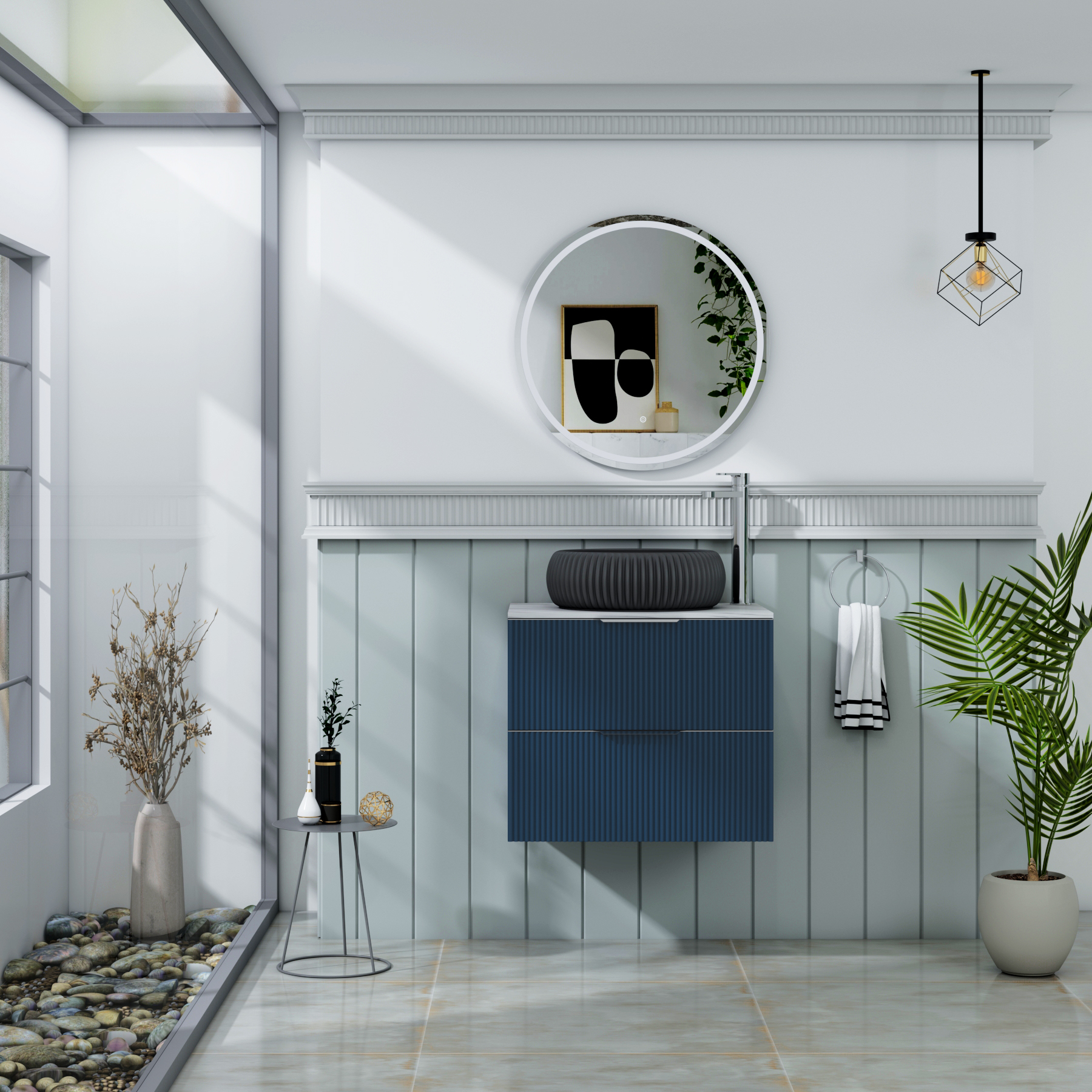 Evora Fluted 2 Drawer Midnight Blue Wall Hung Vanity Unit with Carrara White Top & Countertop Basin