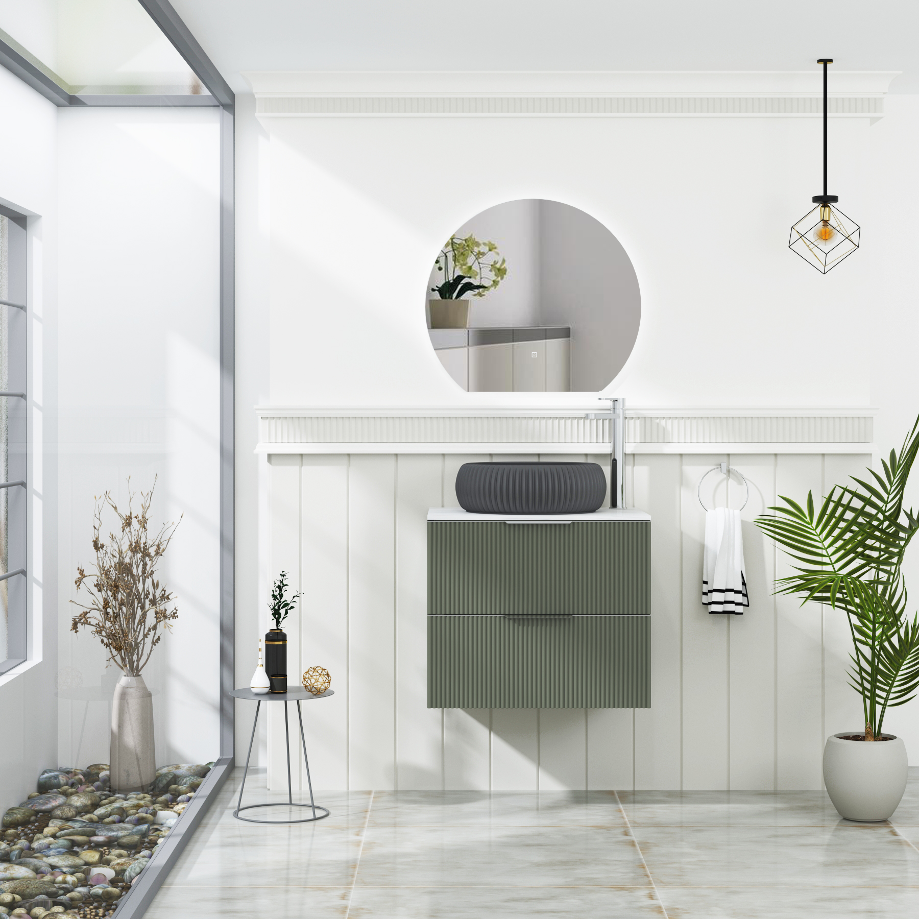 Evora Fluted 2 Drawer Sage Green Wall Hung Vanity Unit with Carrara White Top & Countertop Basin