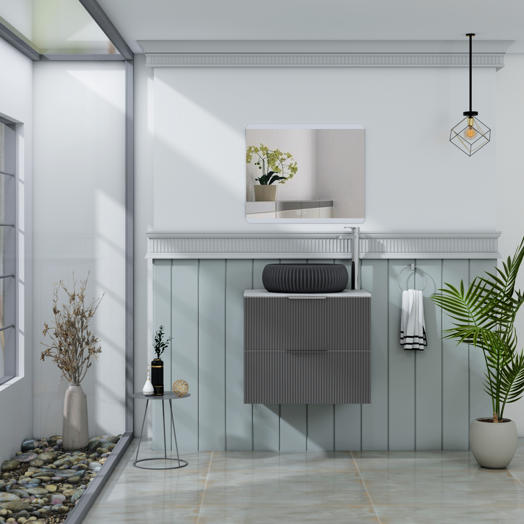 Evora Fluted 2 Drawer Graphite Grey Wall Hung Vanity Unit with Carrara White Top & Countertop Basin