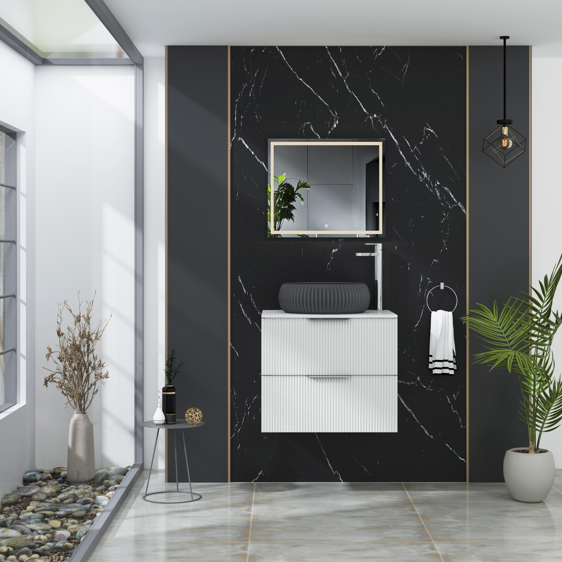 Evora Fluted 2 Drawer Matt White Wall Hung Vanity Unit with Carrara White Top & Countertop Basin