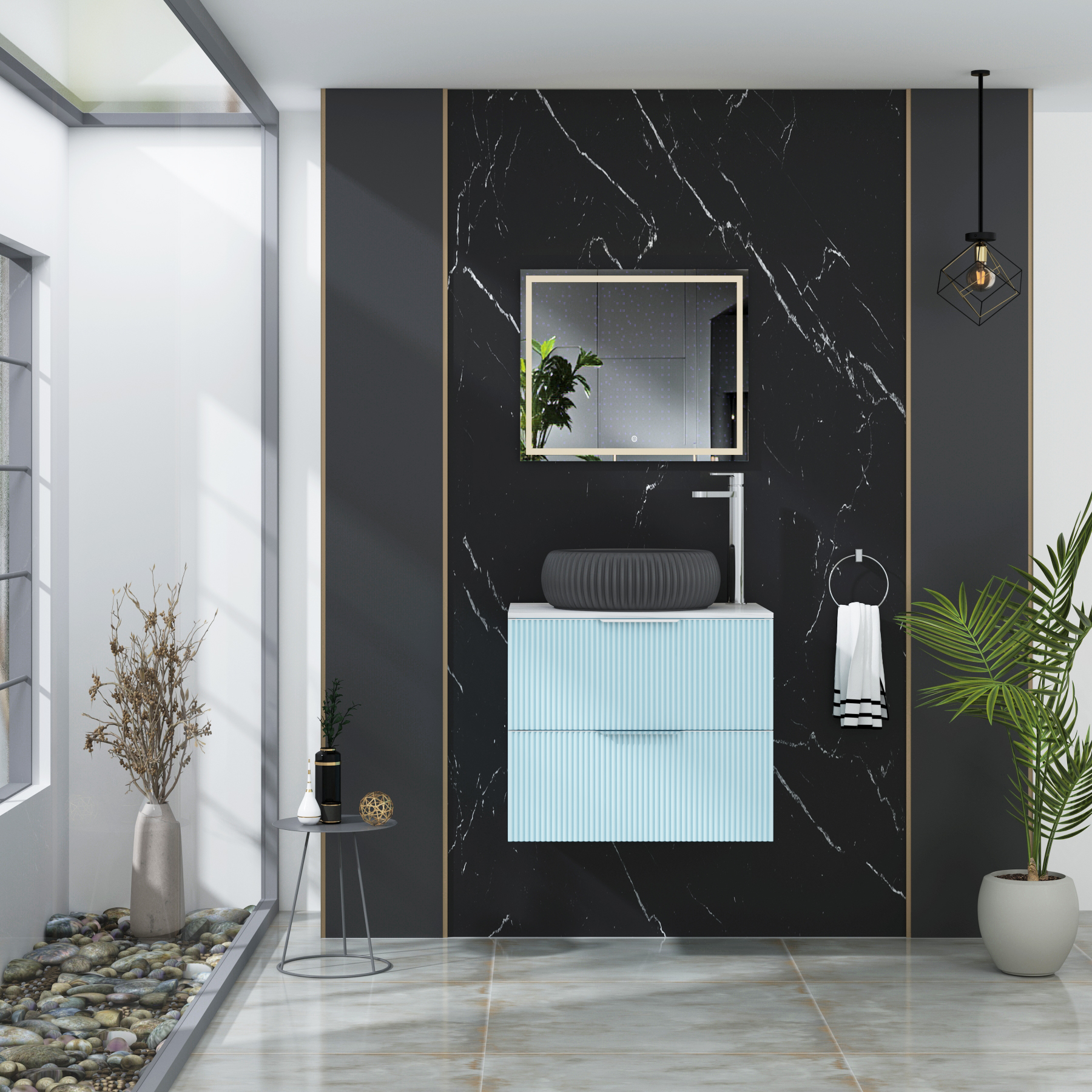 Evora Fluted 2 Drawer Powder Blue Wall Hung Vanity Unit with Carrara White Top & Countertop Basin