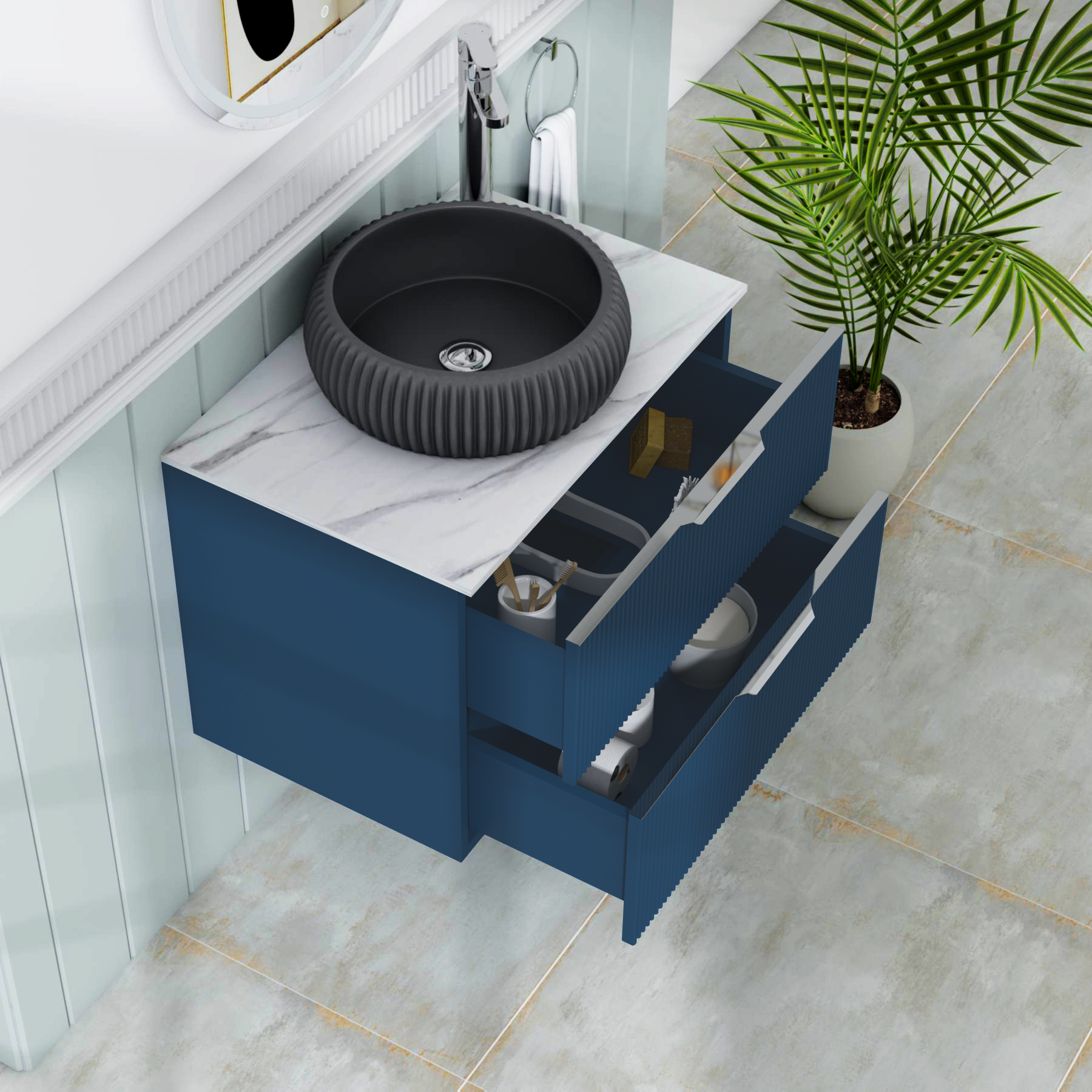 Evora 700mm Midnight Blue Fluted Wall Hung Countertop Vanity Unit 2 Drawer with Milan Black Basin