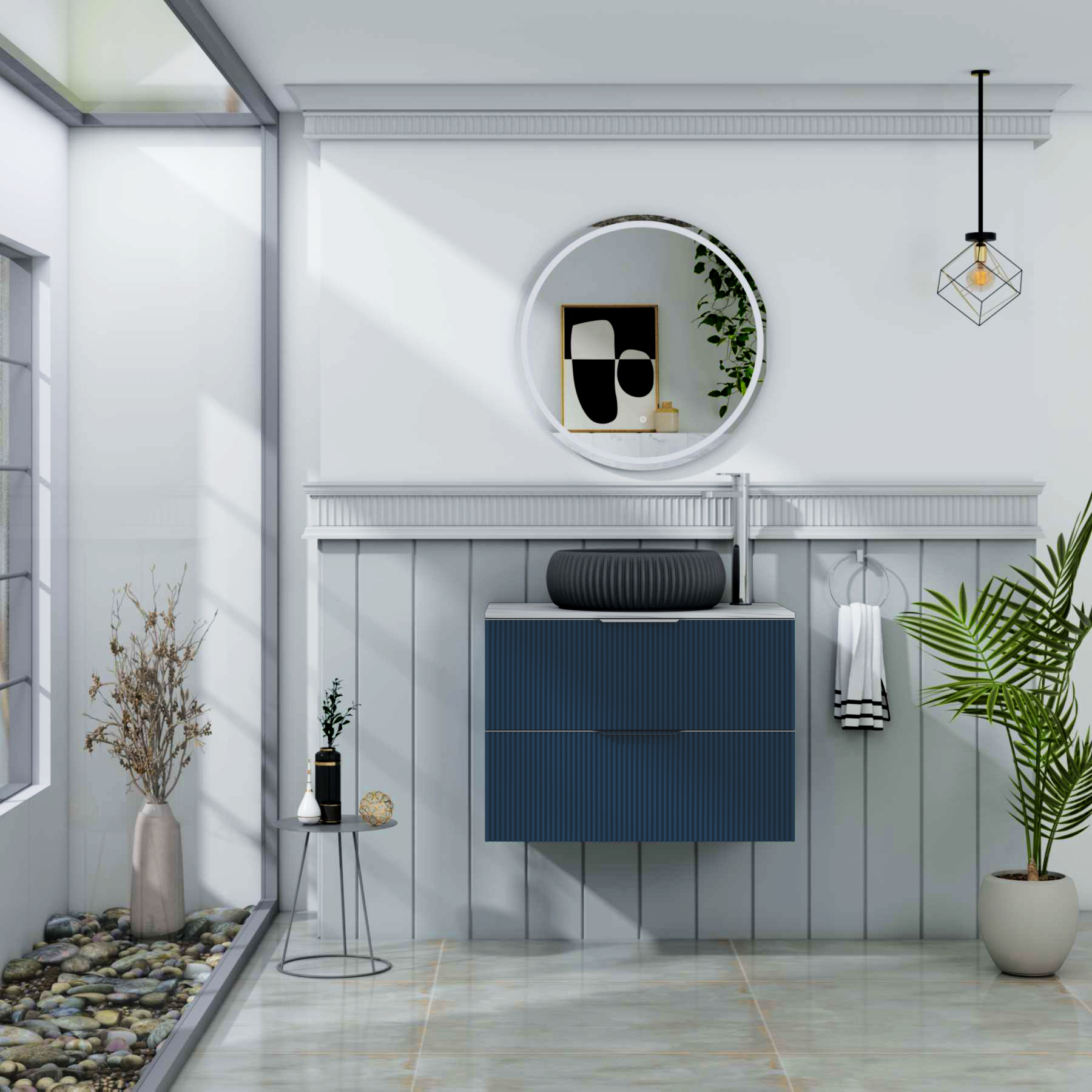 Evora 700mm Midnight Blue Fluted Wall Hung Countertop Vanity Unit 2 Drawer with Milan Black Basin