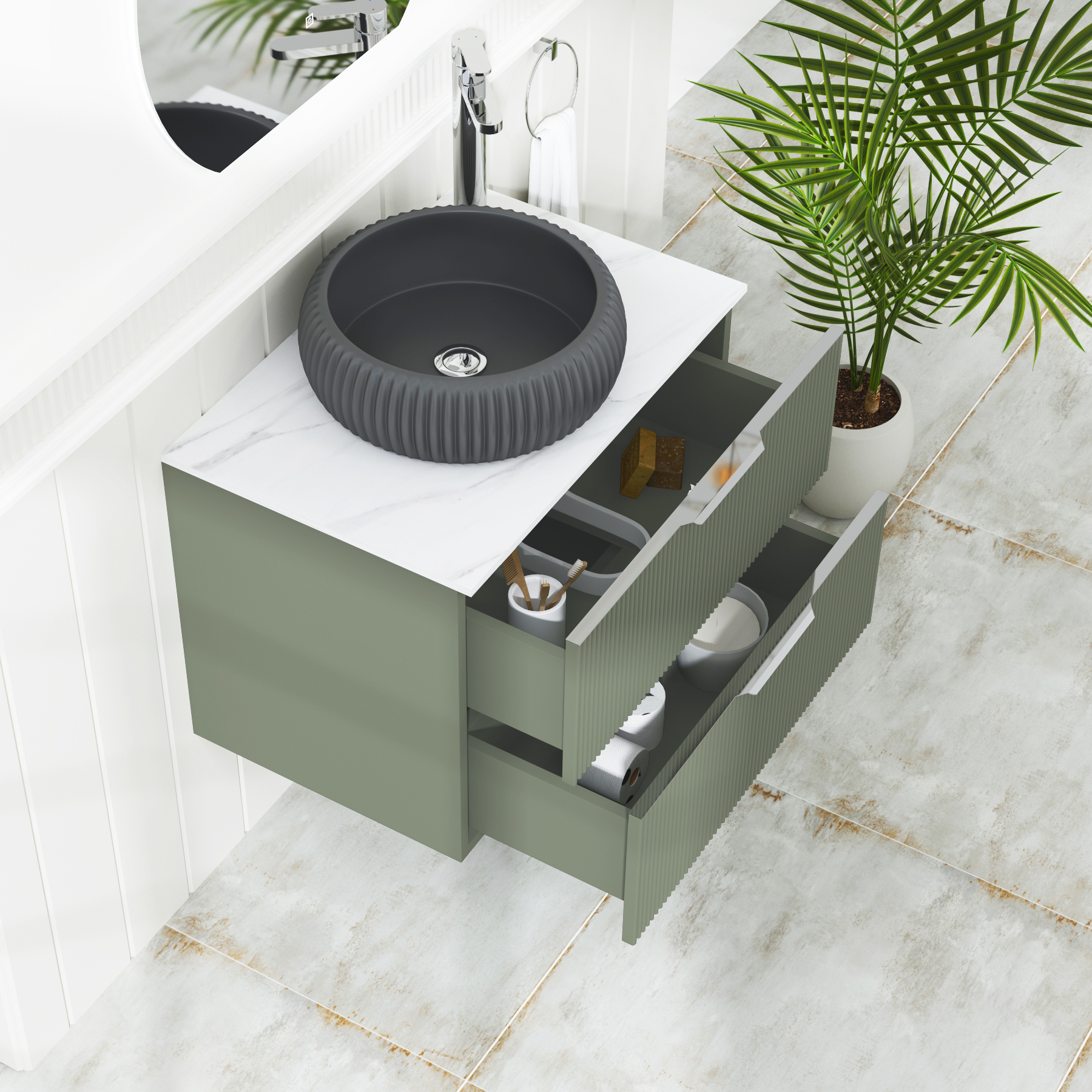 Evora 700mm Sage Green Fluted Wall Hung Countertop Vanity Unit 2 Drawer with Milan Black Basin