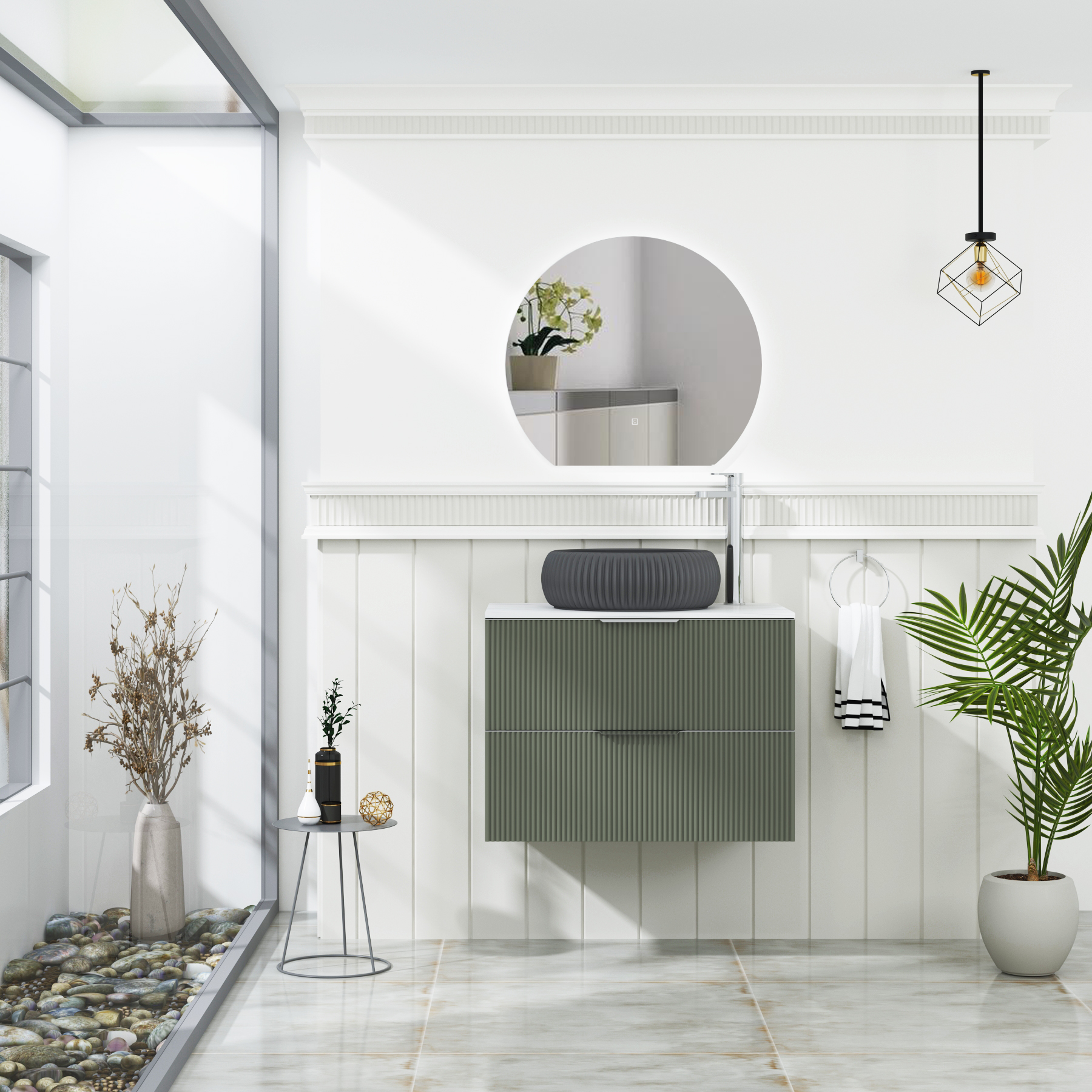 Evora 700mm Sage Green Fluted Wall Hung Countertop Vanity Unit 2 Drawer with Milan Black Basin