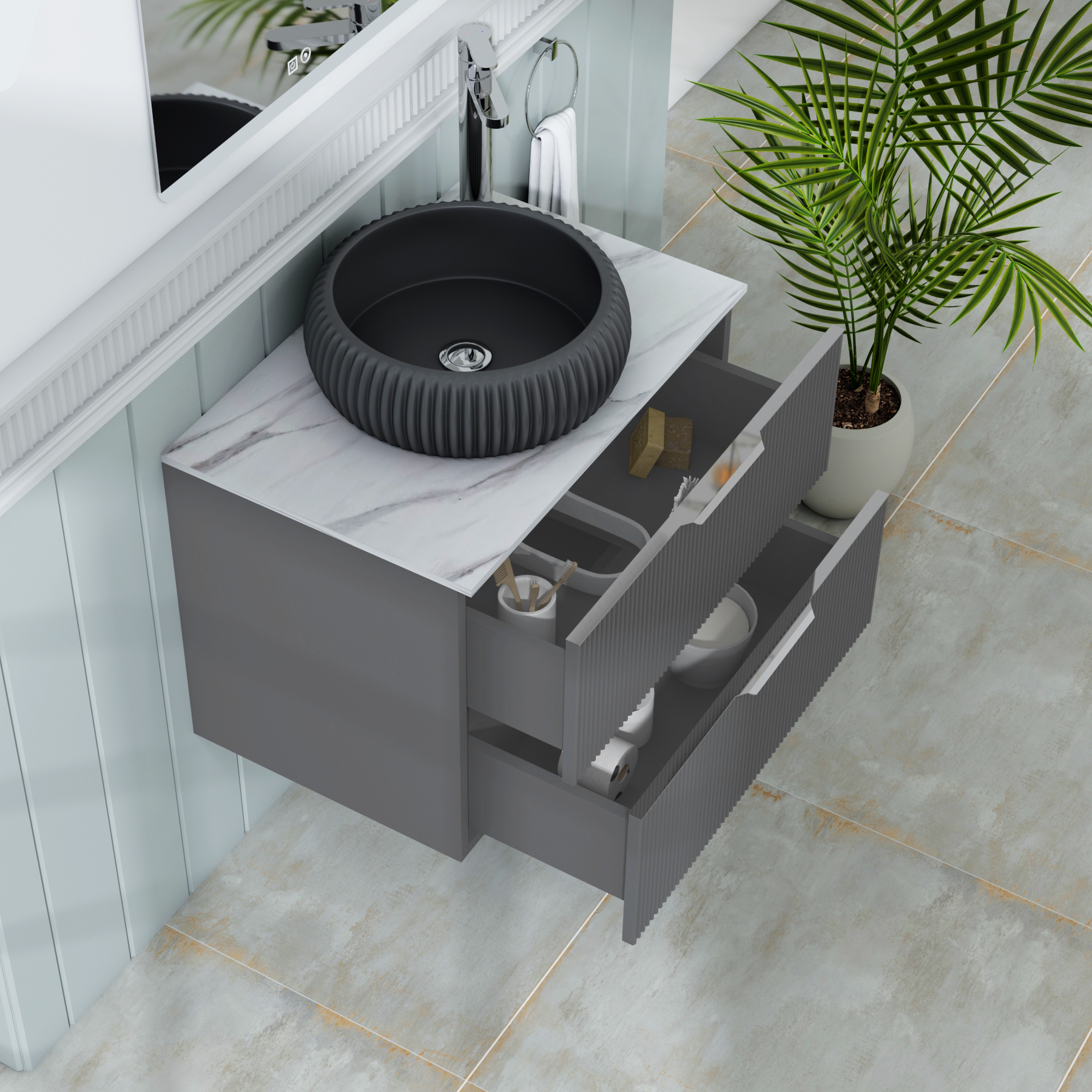 Evora 700mm Graphite Grey Fluted Wall Hung Countertop Vanity Unit 2 Drawer with Milan Black Basin