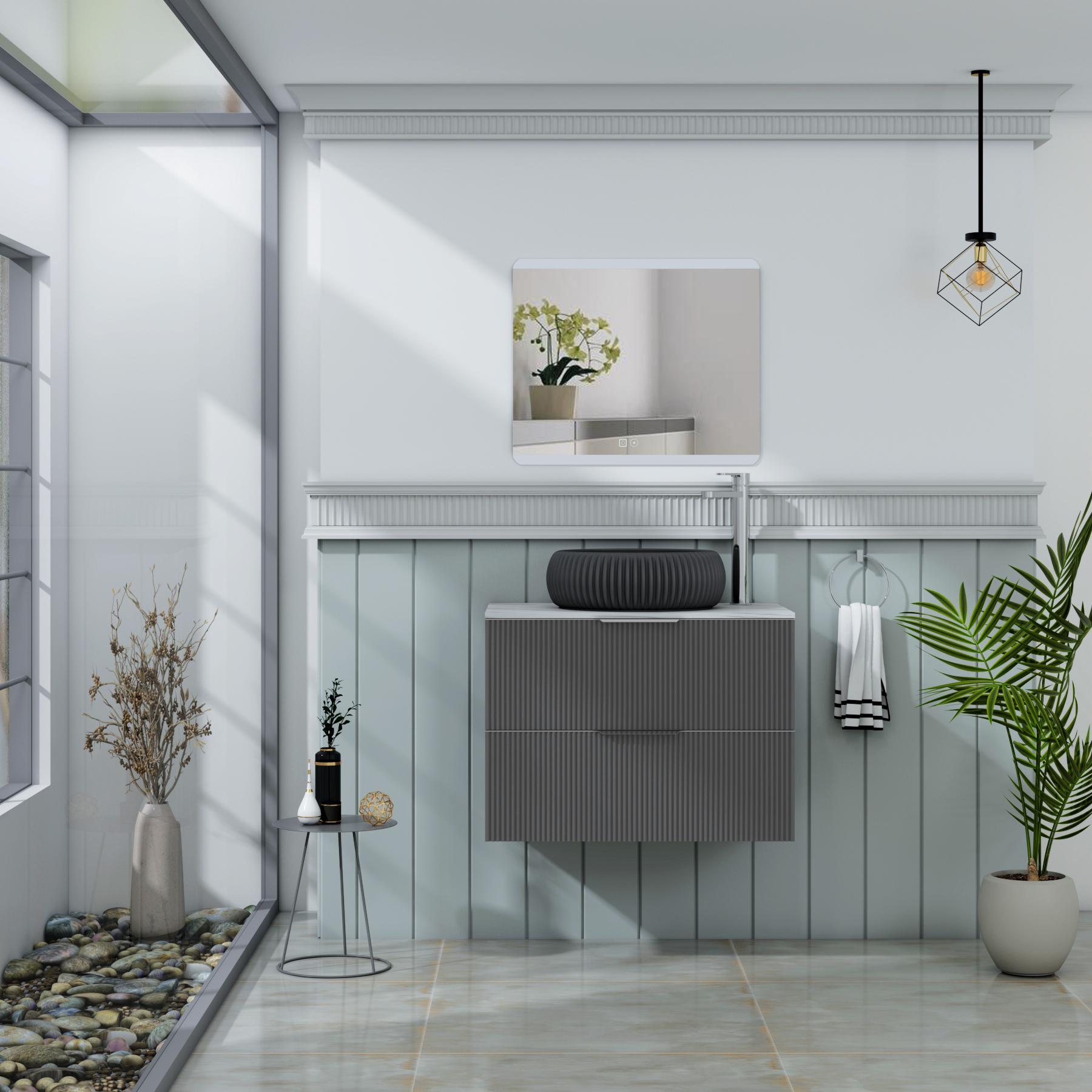 Evora 700mm Graphite Grey Fluted Wall Hung Countertop Vanity Unit 2 Drawer with Milan Black Basin