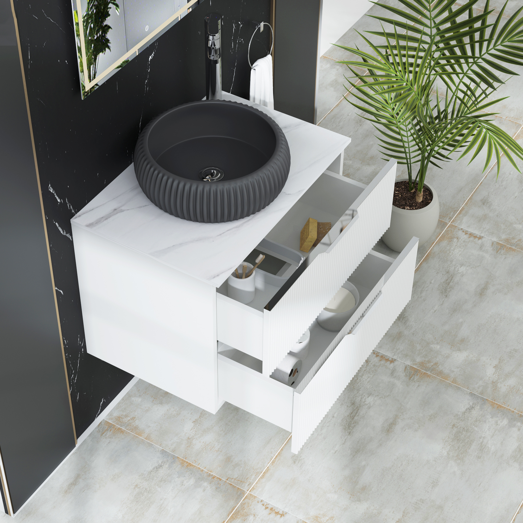 Evora 700mm Matt White Fluted Wall Hung Countertop Vanity Unit 2 Drawer with Milan Black Basin
