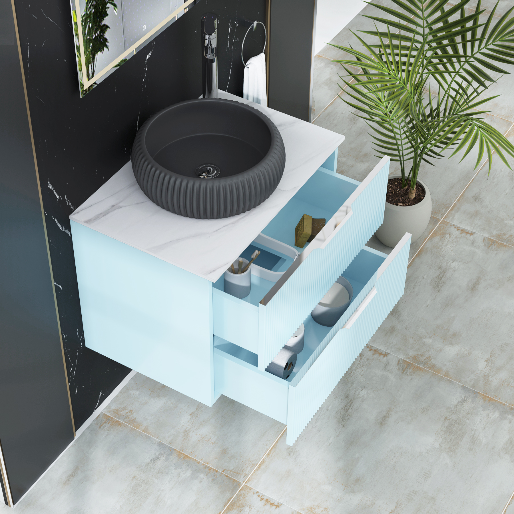 Evora 700mm Powder Blue Fluted Wall Hung Countertop Vanity Unit 2 Drawer with Milan Black Basin
