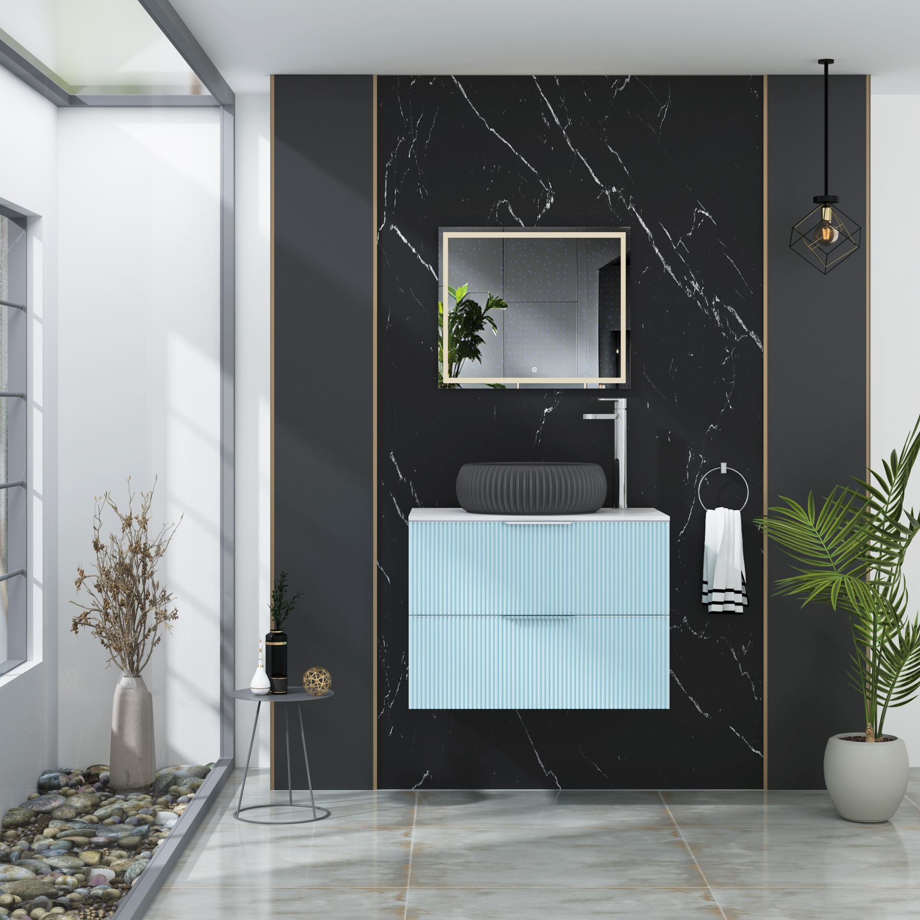 Evora 700mm Powder Blue Fluted Wall Hung Countertop Vanity Unit 2 Drawer with Milan Black Basin