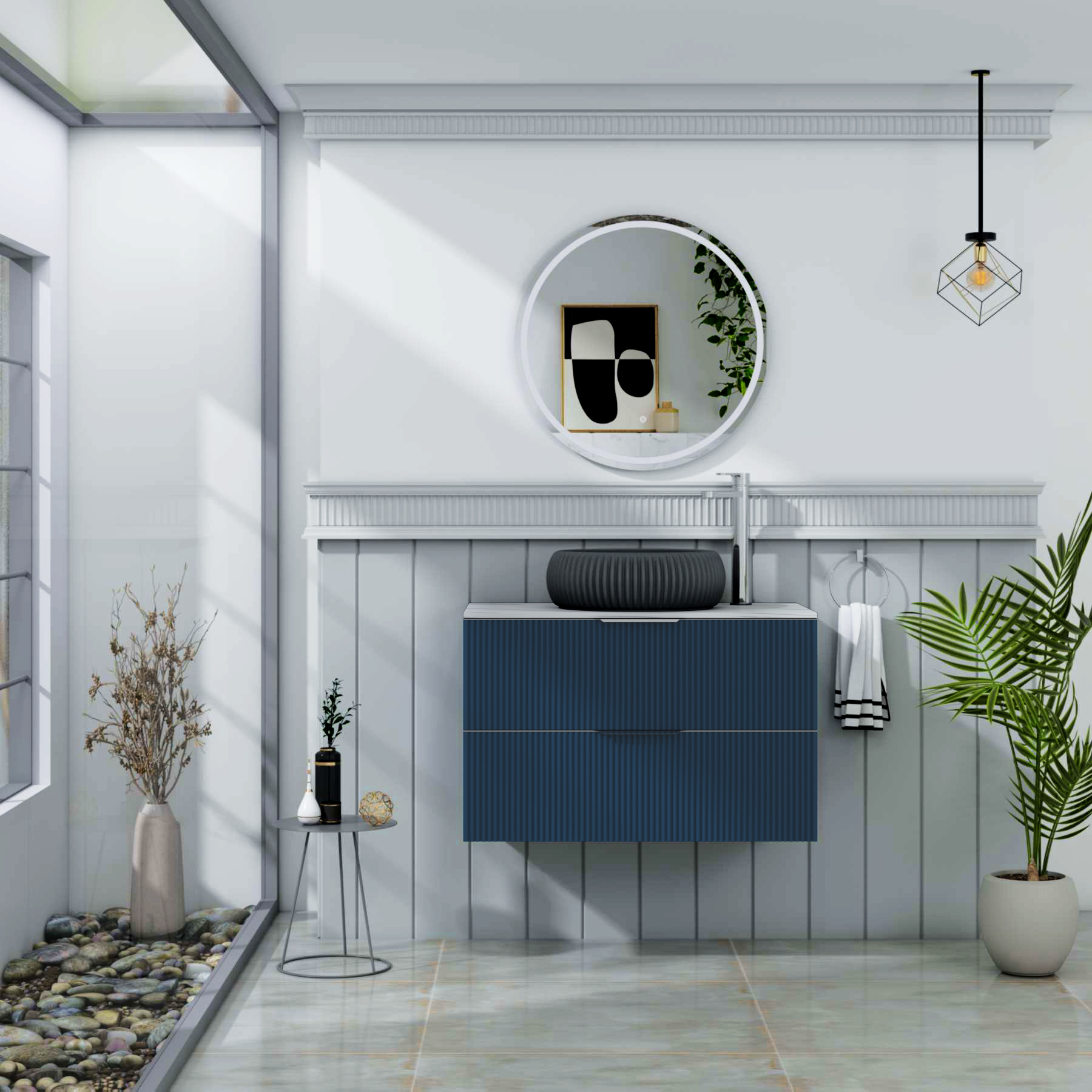 Evora Fluted 2 Drawer Midnight Blue Wall Hung Vanity Unit with Carrara White Top & Countertop Basin