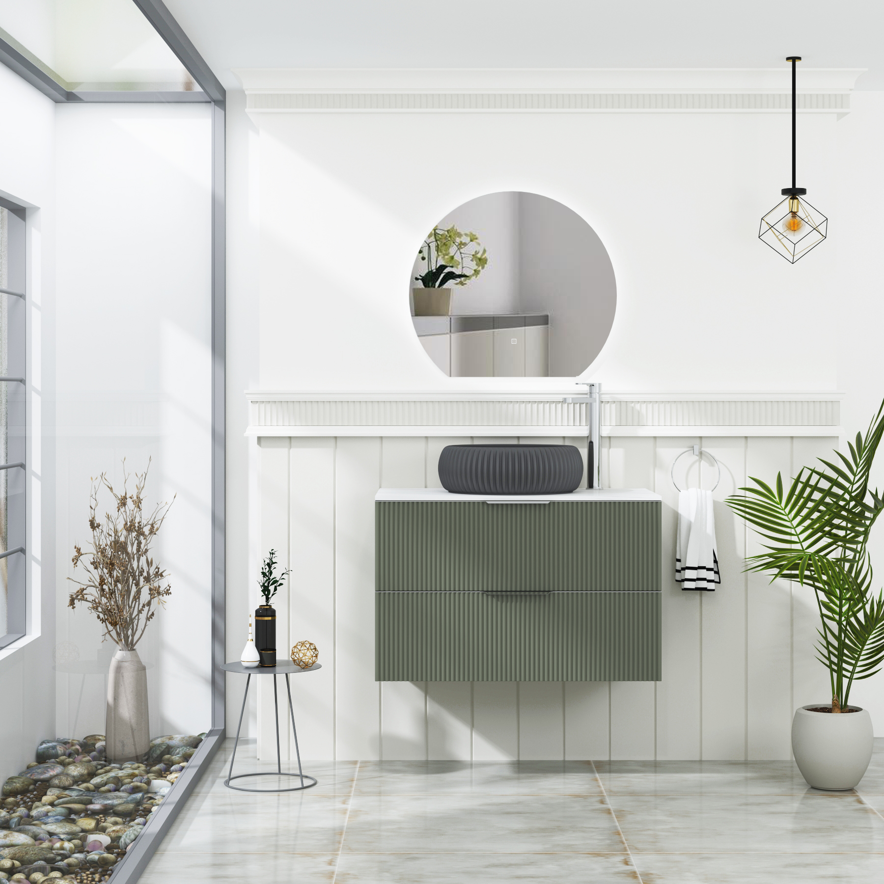 Evora Fluted 2 Drawer Sage Green Wall Hung Vanity Unit with Carrara White Top & Countertop Basin
