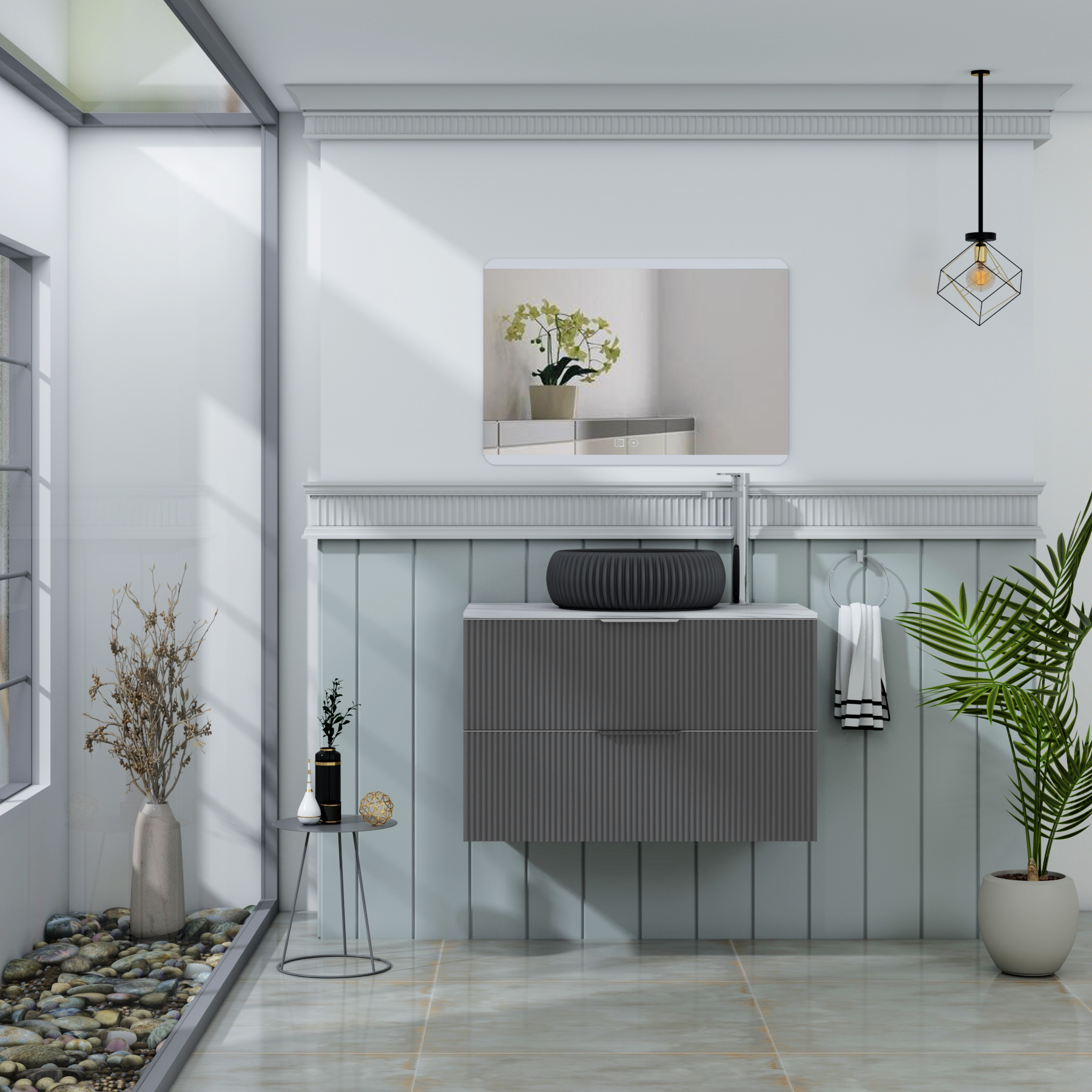 Evora Fluted 2 Drawer Graphite Grey Wall Hung Vanity Unit with Carrara White Top & Countertop Basin