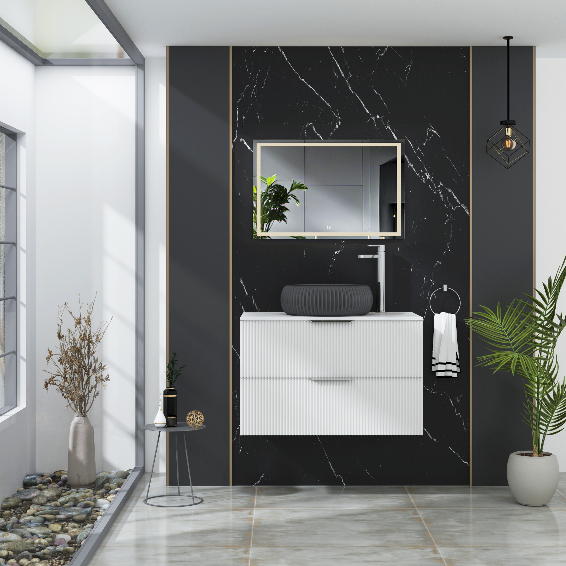 Evora Fluted 2 Drawer Matt White Wall Hung Vanity Unit with Carrara White Top & Countertop Basin