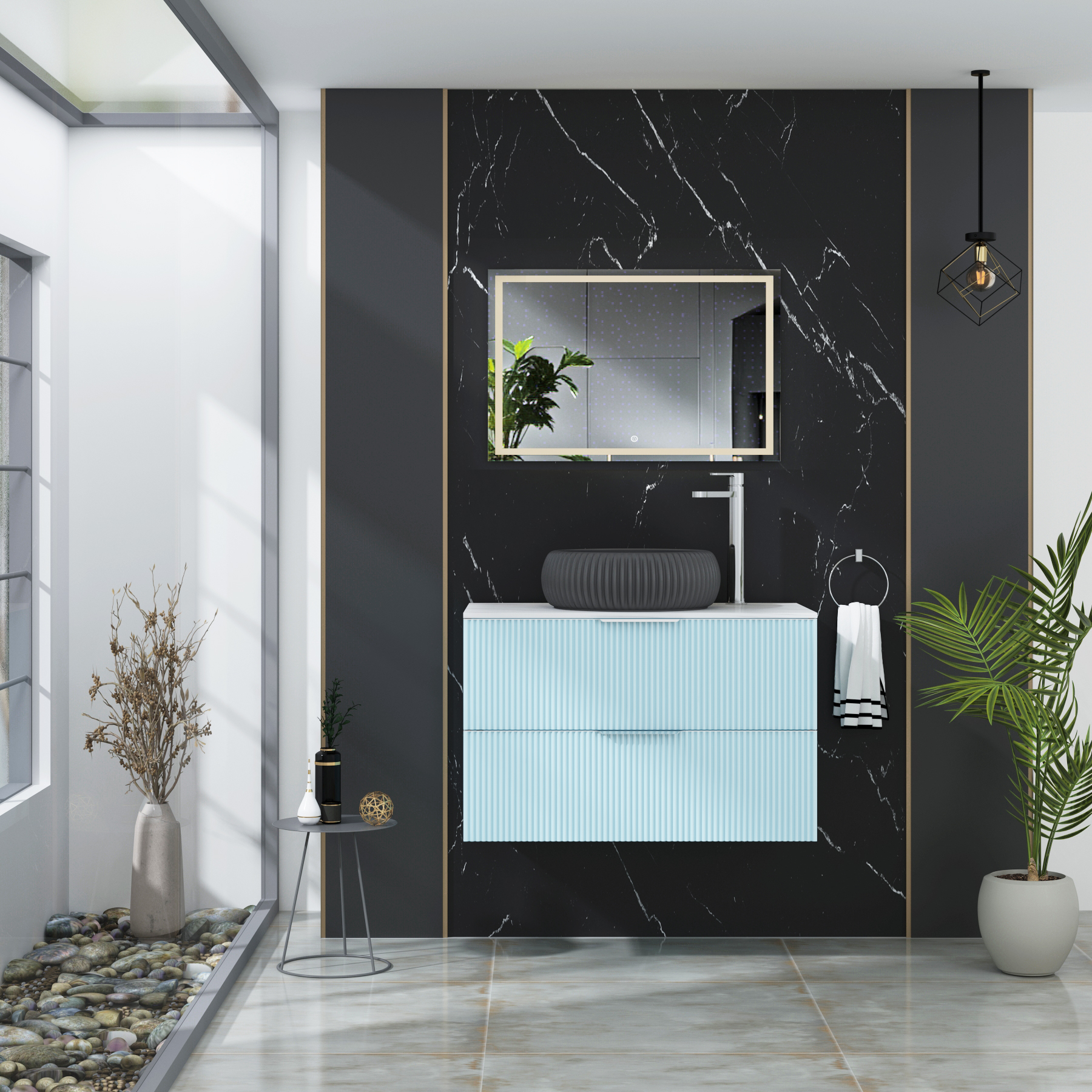 Evora Fluted 2 Drawer Powder Blue Wall Hung Vanity Unit with Carrara White Top & Countertop Basin