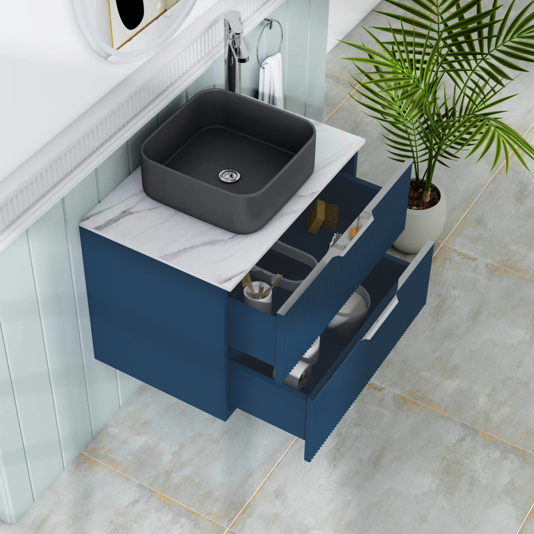Evora 700mm Midnight Blue Fluted Wall Hung Countertop Vanity Unit 2 Drawer with Art Square Basin
