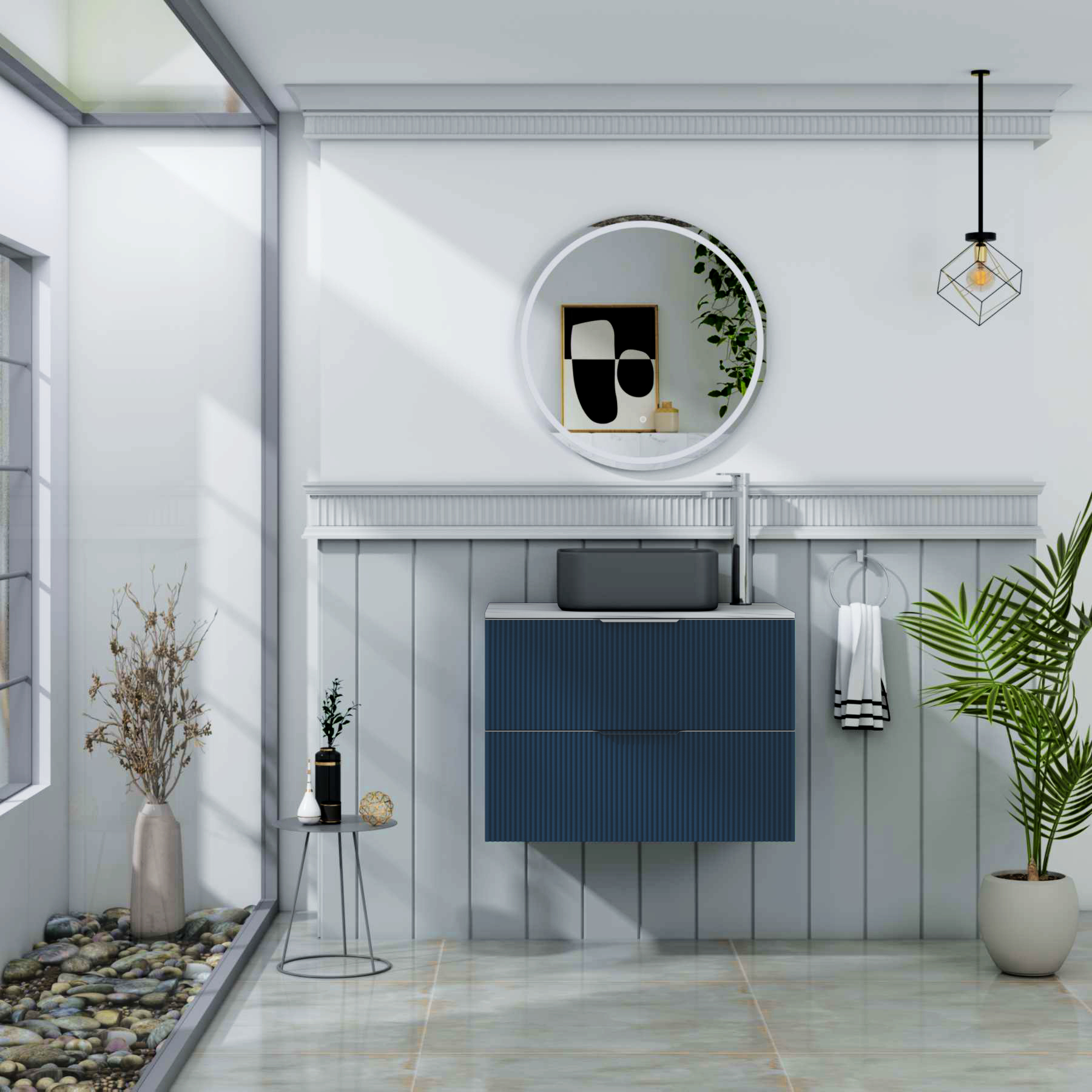 Evora 700mm Midnight Blue Fluted Wall Hung Countertop Vanity Unit 2 Drawer with Art Square Basin
