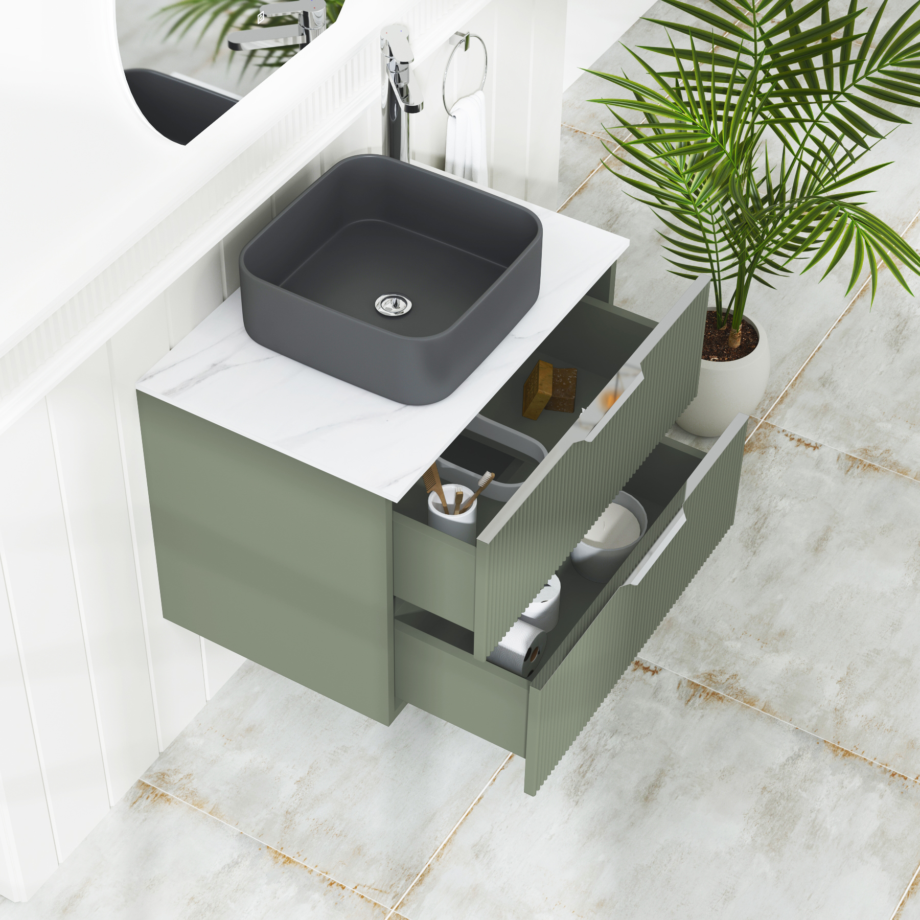 Evora 700mm Sage Green Fluted Wall Hung Countertop Vanity Unit 2 Drawer with Art Square Basin