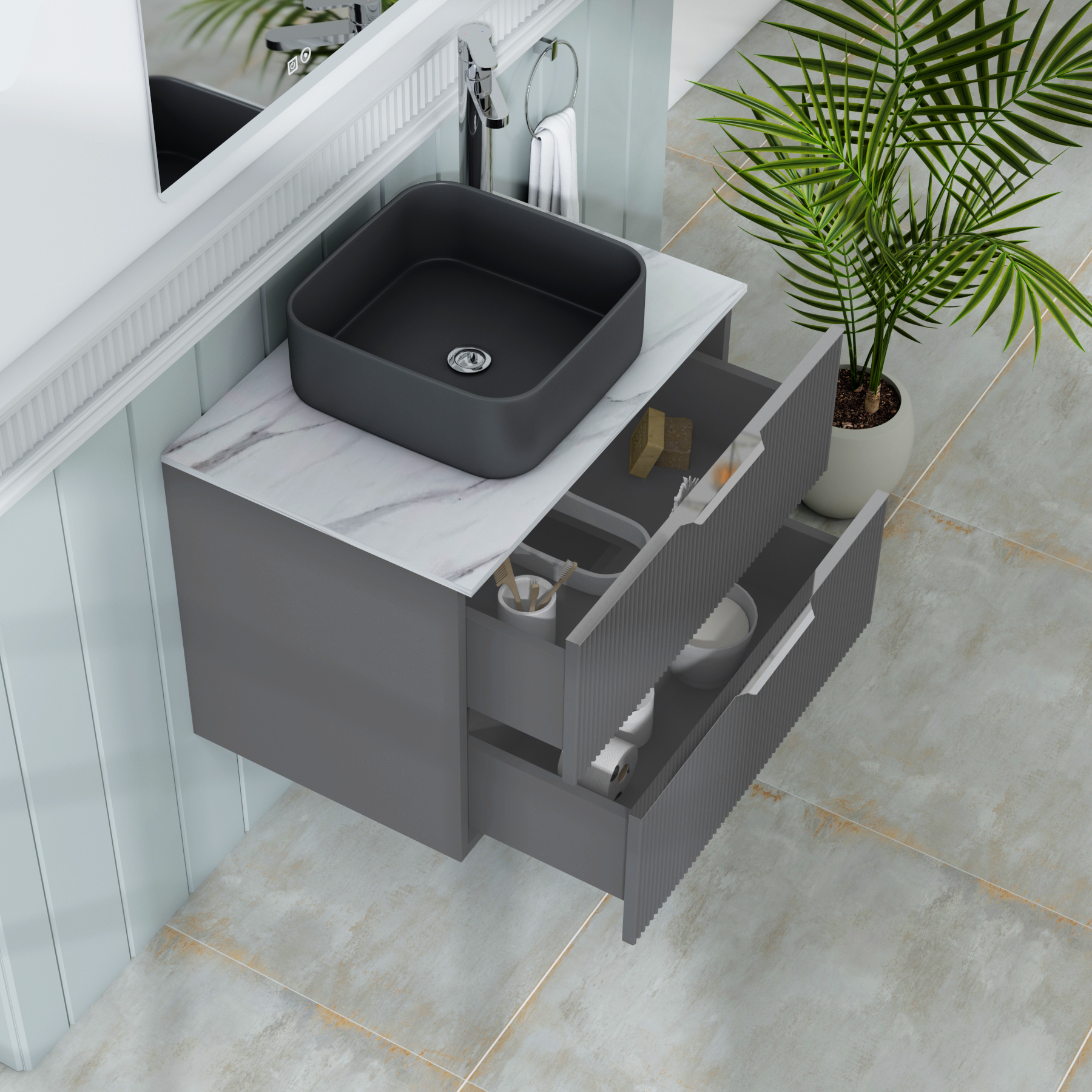 Evora 700mm Graphite Grey Fluted Wall Hung Countertop Vanity Unit 2 Drawer with Art Square Basin