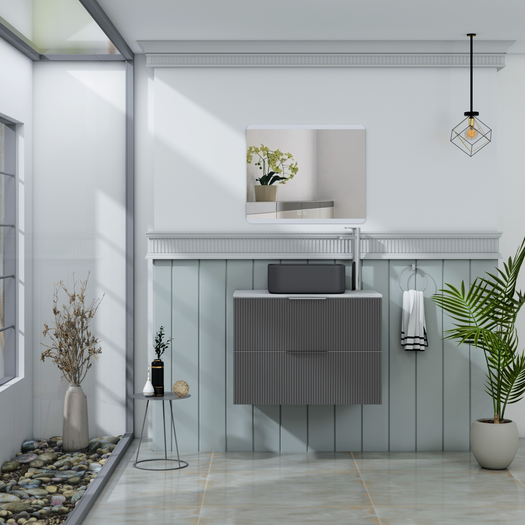 Evora 700mm Graphite Grey Fluted Wall Hung Countertop Vanity Unit 2 Drawer with Art Square Basin