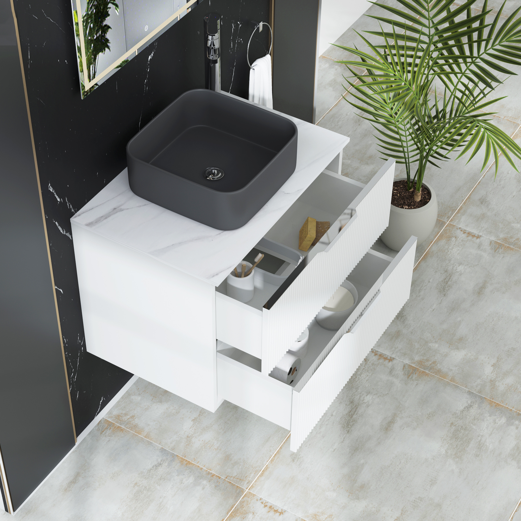 Evora 700mm Matt White Fluted Wall Hung Countertop Vanity Unit 2 Drawer with Art Square Basin