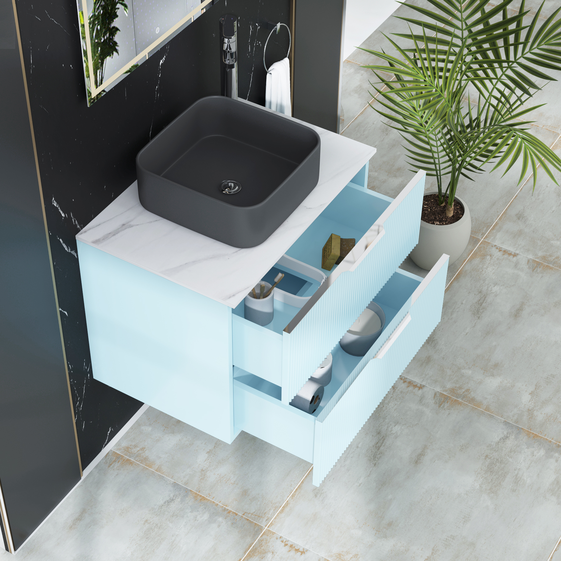 Evora 700mm Powder Blue Fluted Wall Hung Countertop Vanity Unit 2 Drawer with Art Square Basin