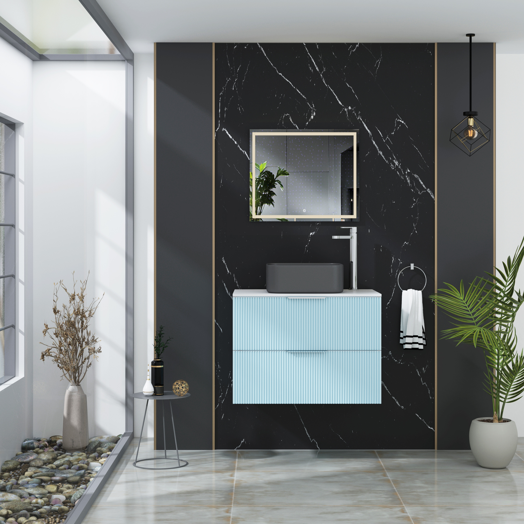 Evora 700mm Powder Blue Fluted Wall Hung Countertop Vanity Unit 2 Drawer with Art Square Basin