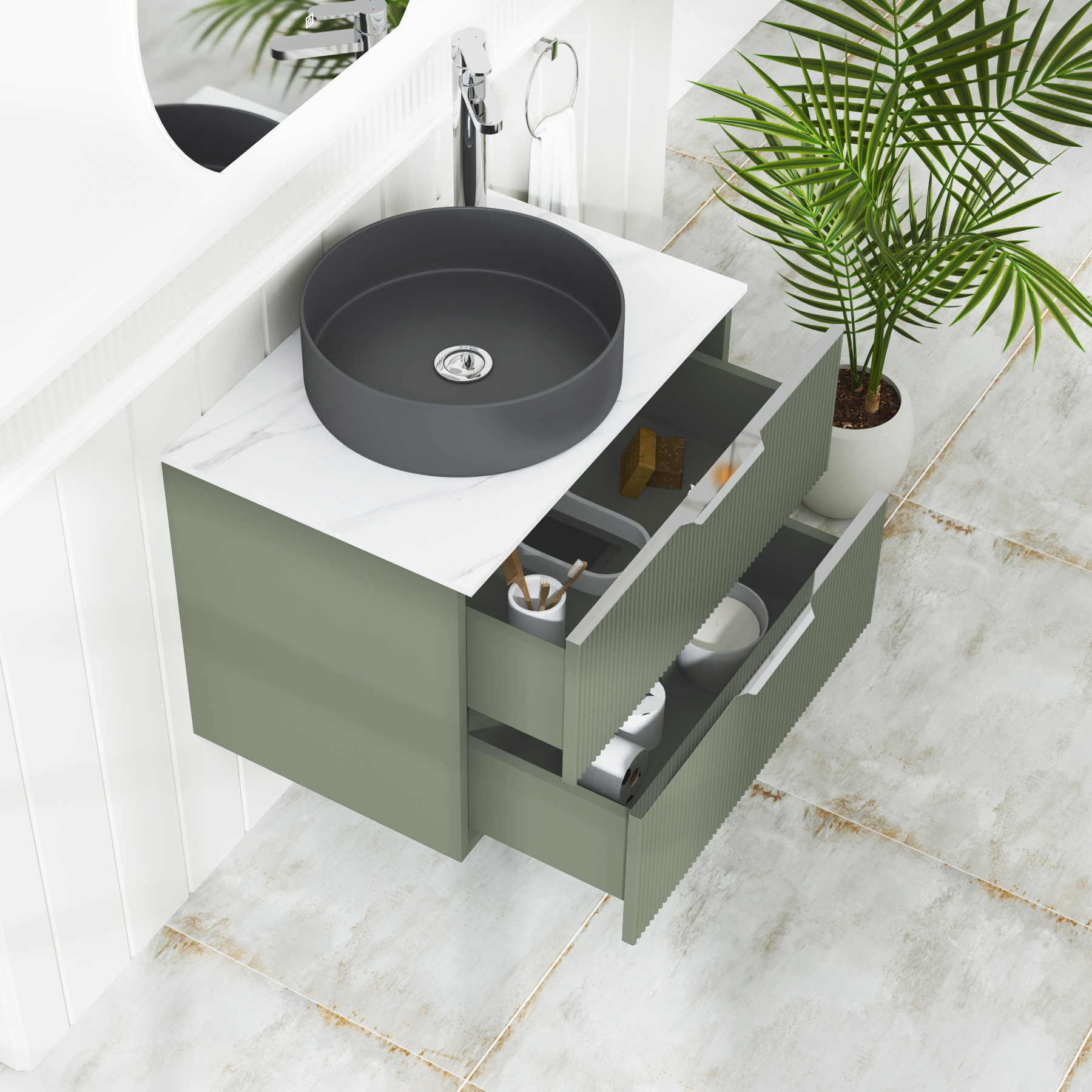 Evora 700mm Sage Green Fluted Wall Hung Countertop Vanity Unit 2 Drawer with Art Round Basin