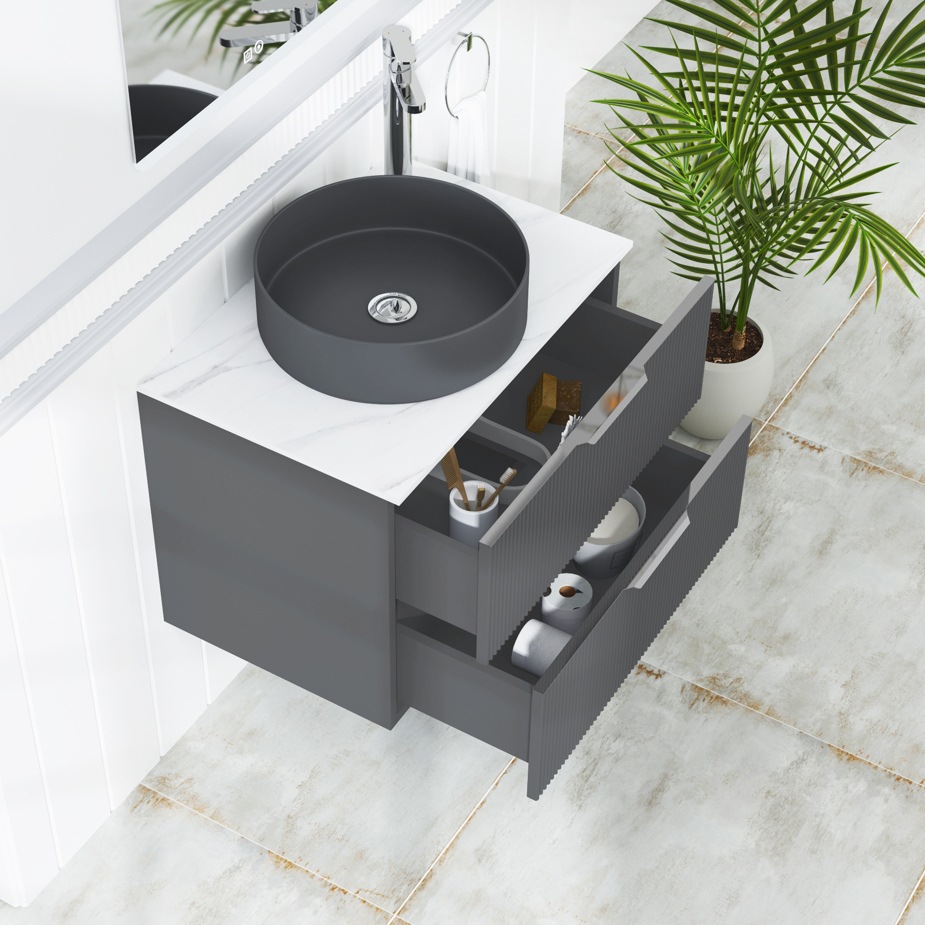 Evora 700mm Graphite Grey Fluted Wall Hung Countertop Vanity Unit 2 Drawer with Art Round Basin
