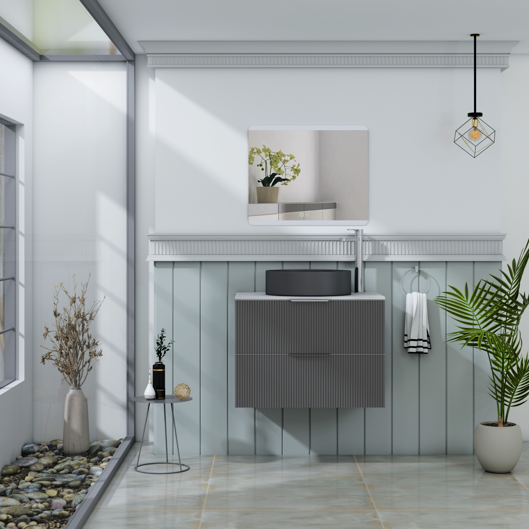 Evora 700mm Graphite Grey Fluted Wall Hung Countertop Vanity Unit 2 Drawer with Art Round Basin