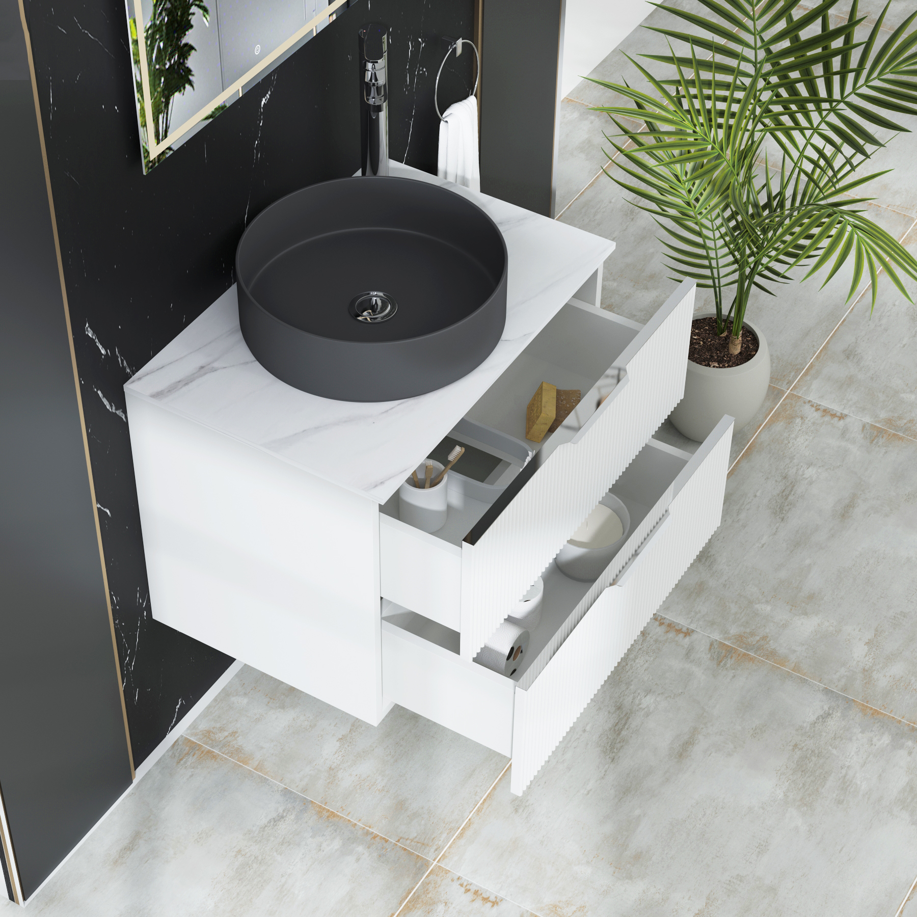 Evora 700mm Matt White Fluted Wall Hung Countertop Vanity Unit 2 Drawer with Art Round Basin