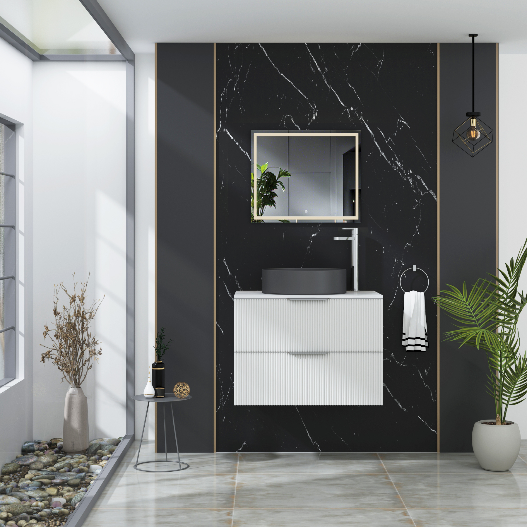 Evora 700mm Matt White Fluted Wall Hung Countertop Vanity Unit 2 Drawer with Art Round Basin