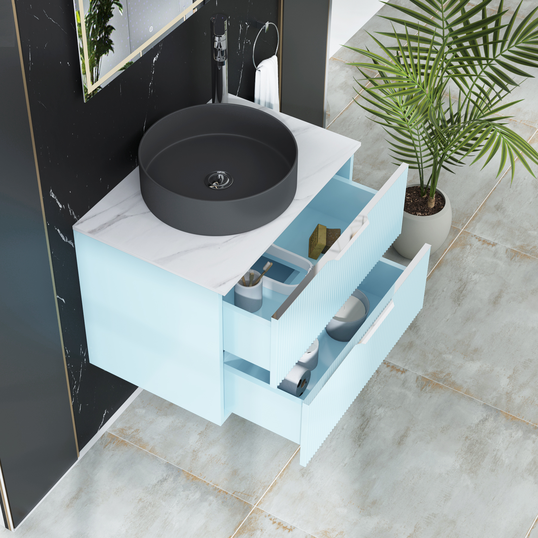Evora 700mm Powder Blue Fluted Wall Hung Countertop Vanity Unit 2 Drawer with Art Round Basin