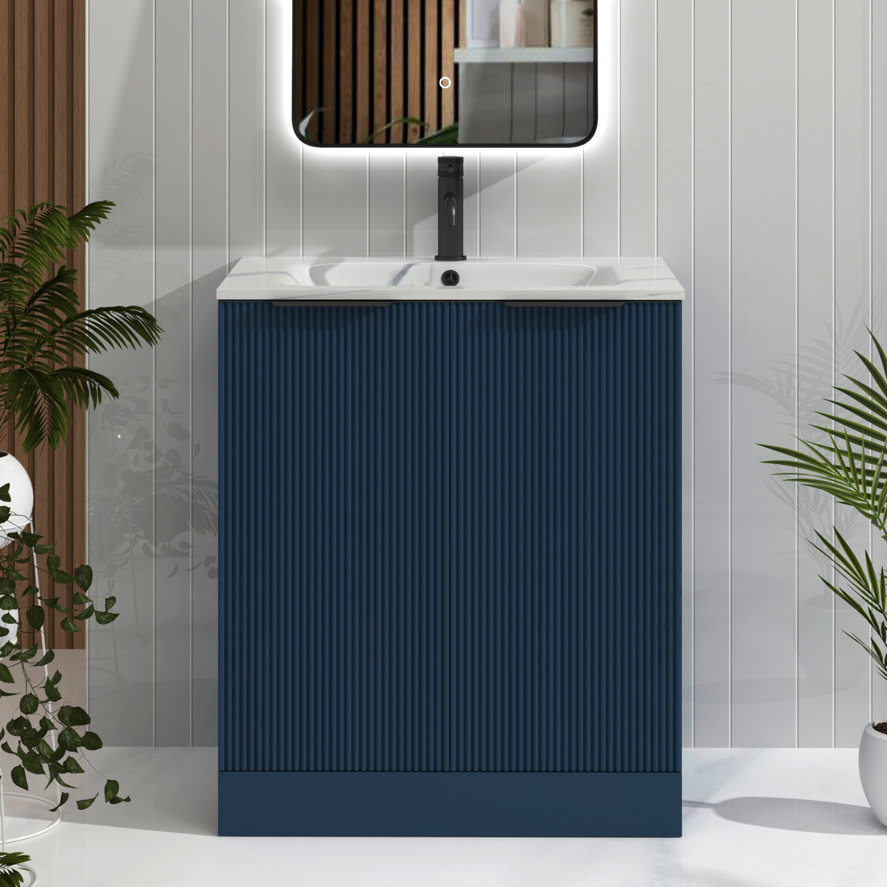 Evora 700mm Midnight Blue Fluted Floor Standing Vanity Unit 2 Door with Carrara White Basin & Matt Black Handles