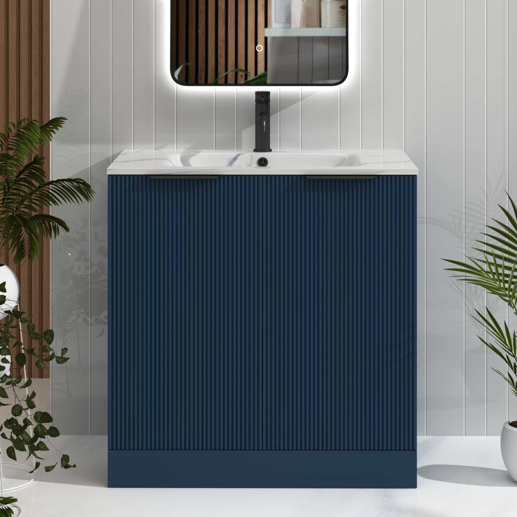 Evora 800mm Midnight Blue Fluted Floor Standing Vanity Unit 2 Door with Carrara White Basin & Matt Black Handles
