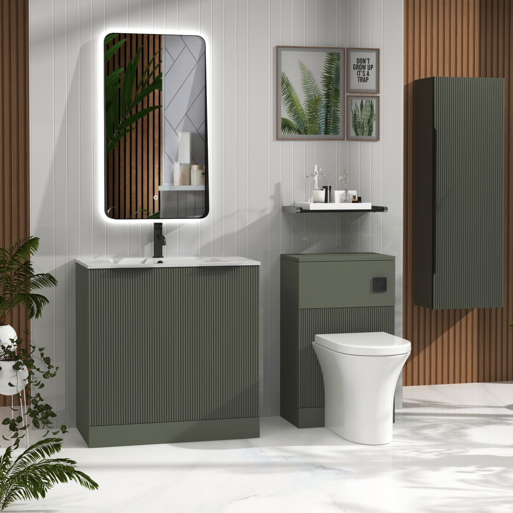 Evora Sage Green Fluted Floor Standing Vanity Unit 2 Door with Optional Basin & Various Handles