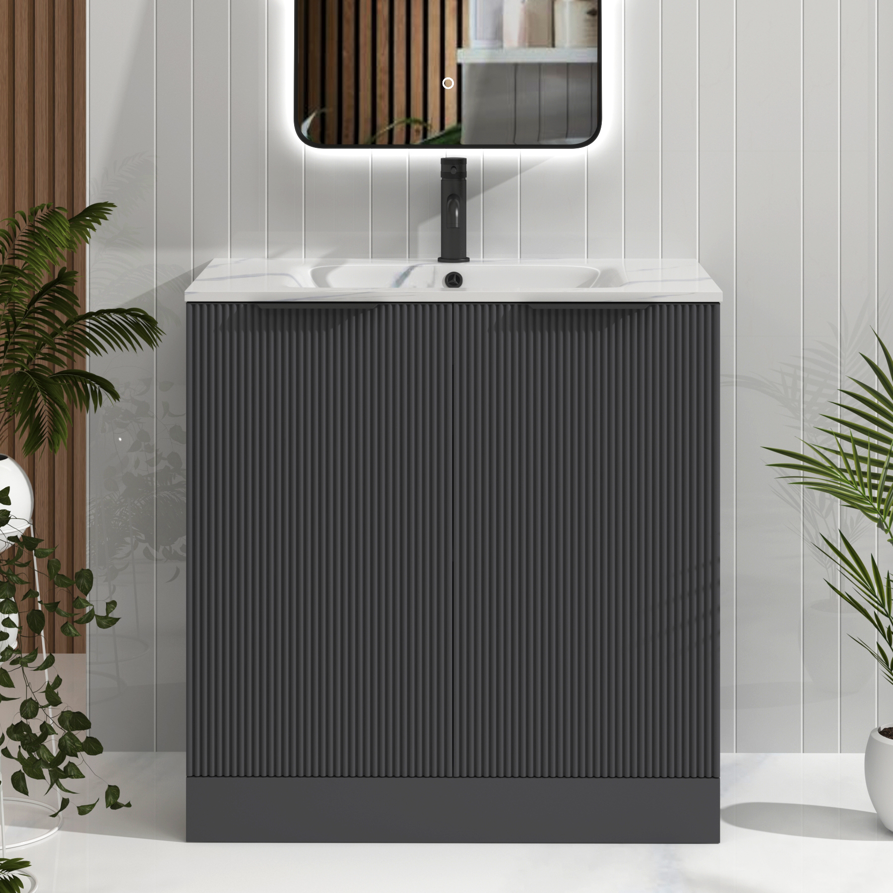 Evora 800mm Graphite Grey Fluted Floor Standing Vanity Unit 2 Door with Carrara White Basin & Matt Black Handles
