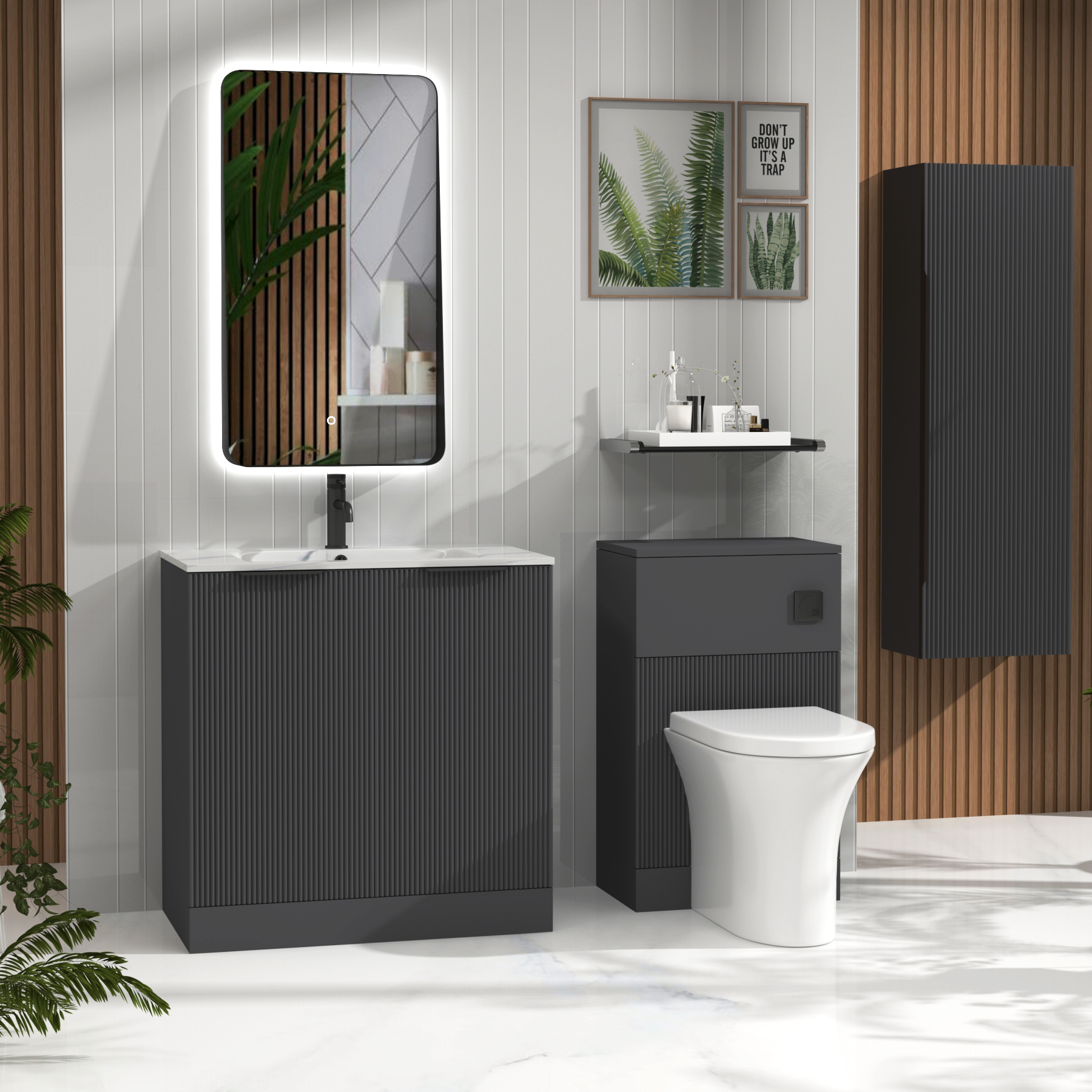 Evora Graphite Grey Fluted Floor Standing Vanity Unit 2 Door with Optional Basin & Various Handles