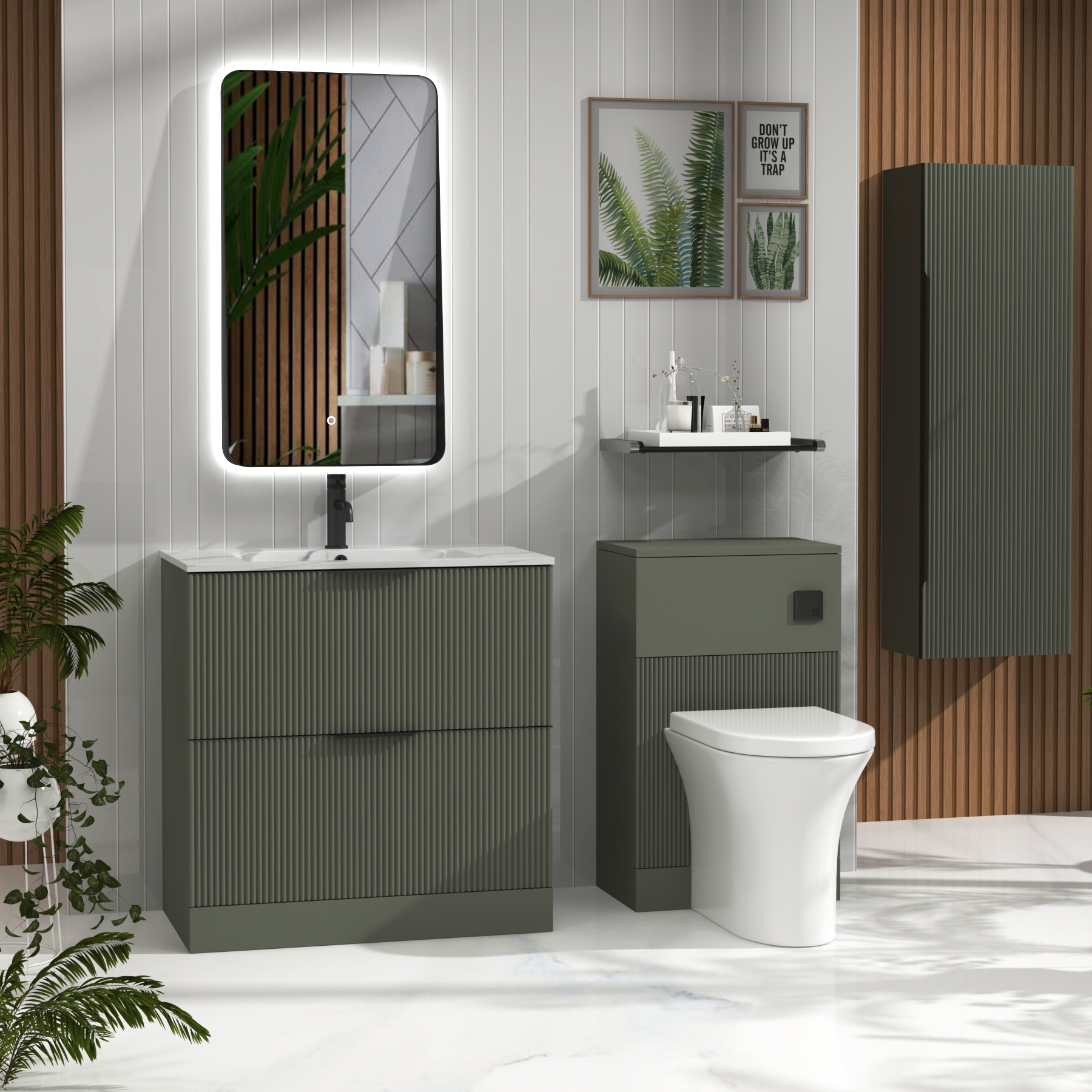 Evora Sage Green Fluted Floor Standing Vanity Unit 2 Drawer with Optional Basin & Various Handles
