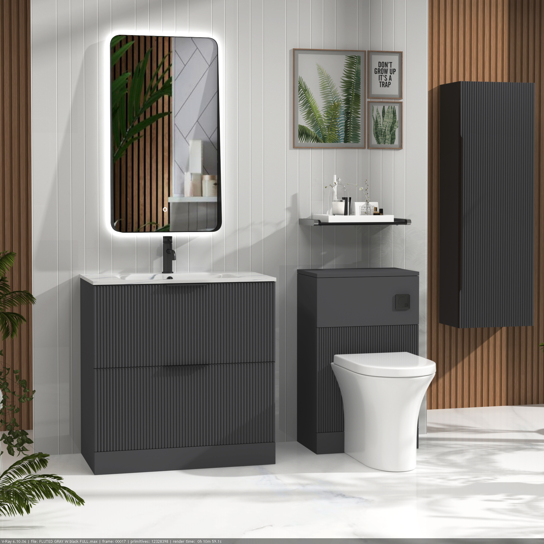 Evora Graphite Grey Fluted Floor Standing Vanity Unit 2 Drawer with Optional Basin & Various Handles