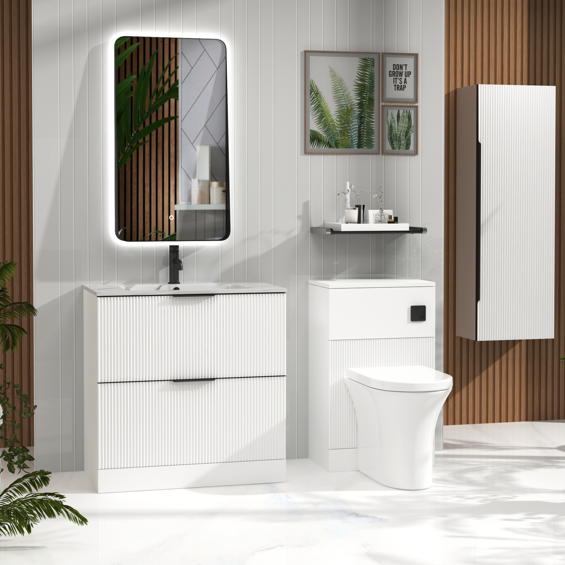 Evora Matt White Fluted Floor Standing Vanity Unit 2 Drawer with Optional Basin & Various Handles