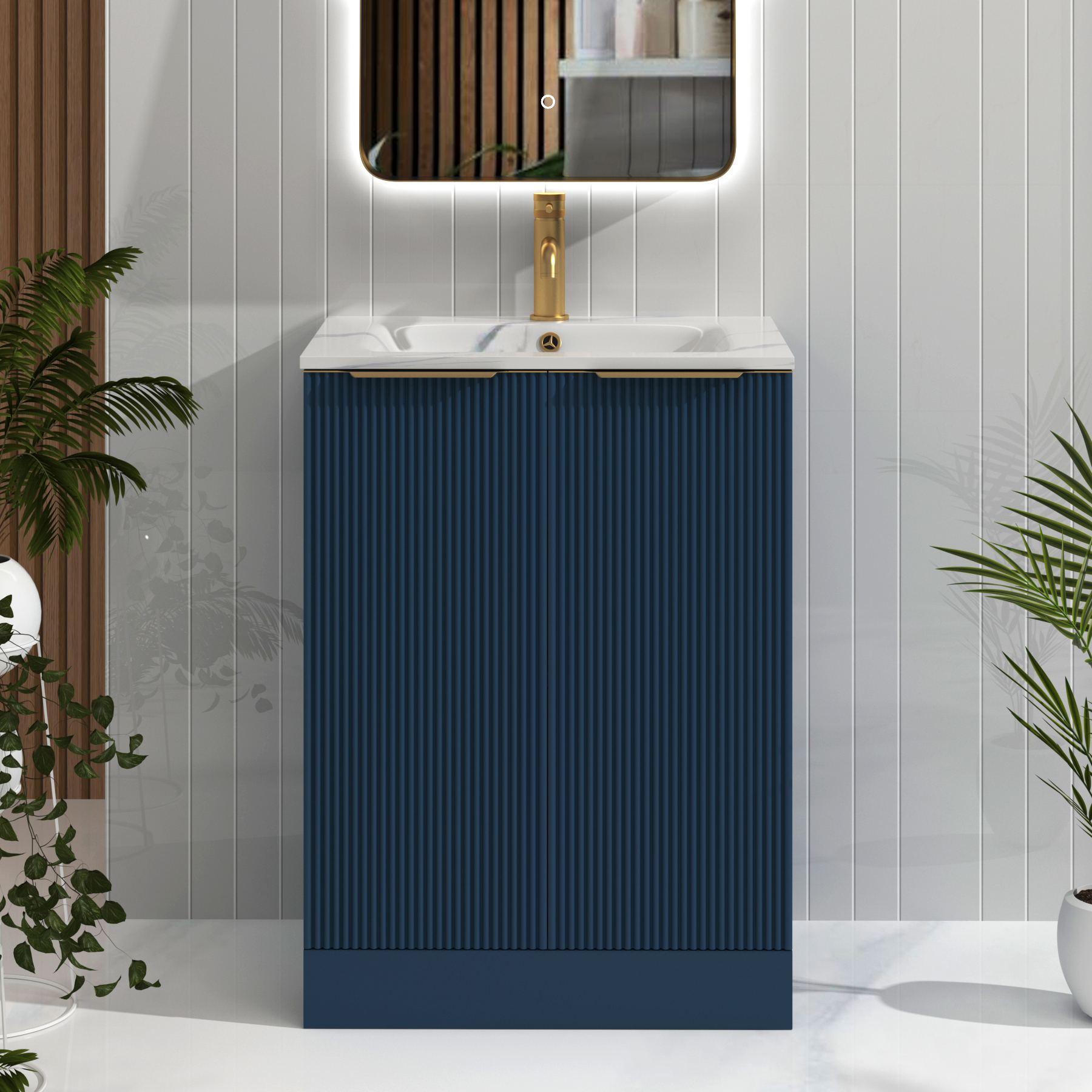 Evora 600mm Midnight Blue Fluted Floor Standing Vanity Unit 2 Door with Carrara White Basin & Brushed Brass Handles