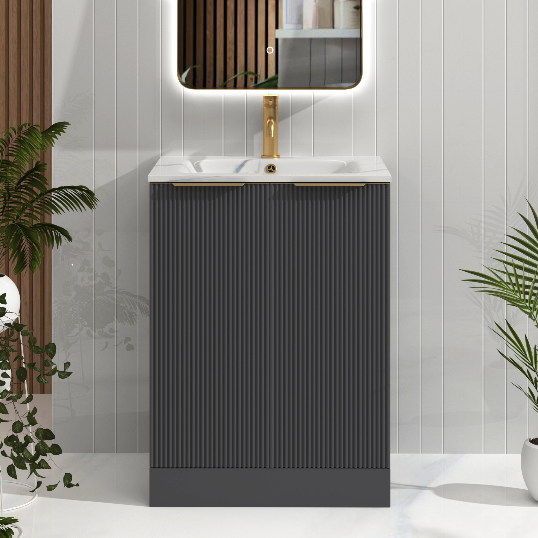Evora 600mm Graphite Grey Fluted Floor Standing Vanity Unit 2 Door with Carrara White Basin & Brushed Brass Handles