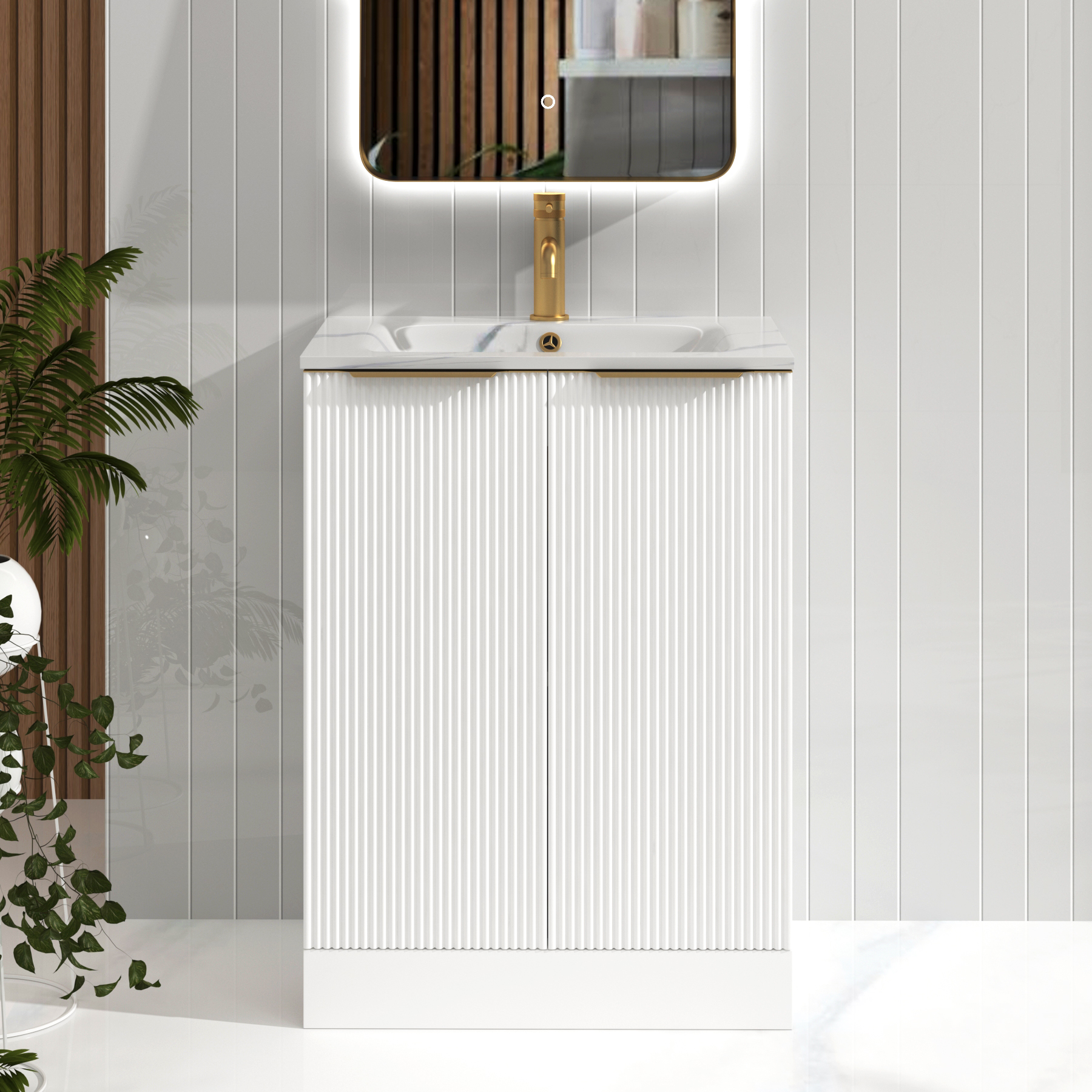 Evora 600mm Matt White Fluted Floor Standing Vanity Unit 2 Door with Carrara White Basin & Brushed Brass Handles