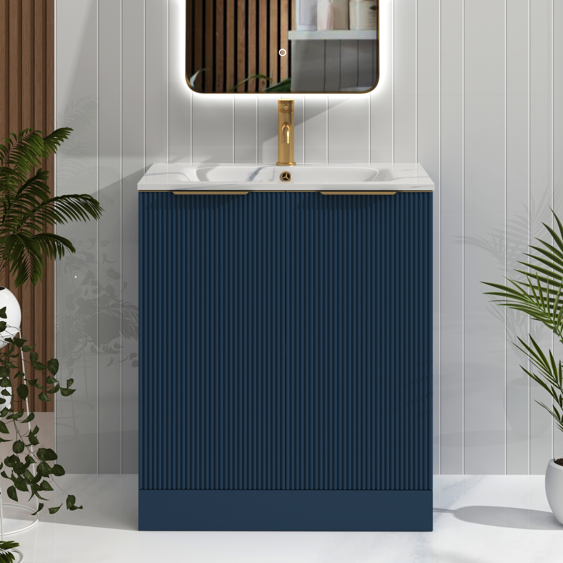 Evora 700mm Midnight Blue Fluted Floor Standing Vanity Unit 2 Door with Carrara White Basin & Brushed Brass Handles