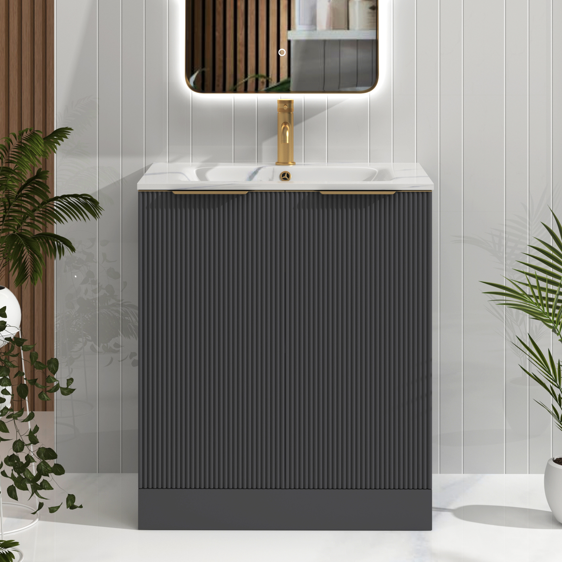 Evora 700mm Graphite Grey Fluted Floor Standing Vanity Unit 2 Door with Carrara White Basin & Brushed Brass Handles